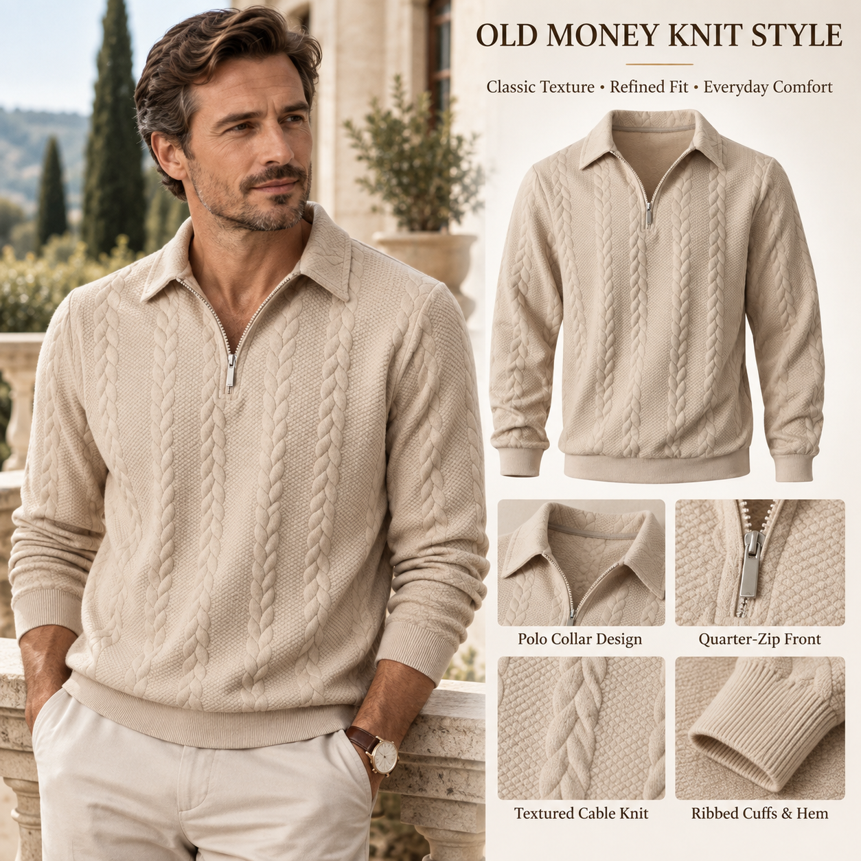 Men's smart casual textured half zip polo sweater