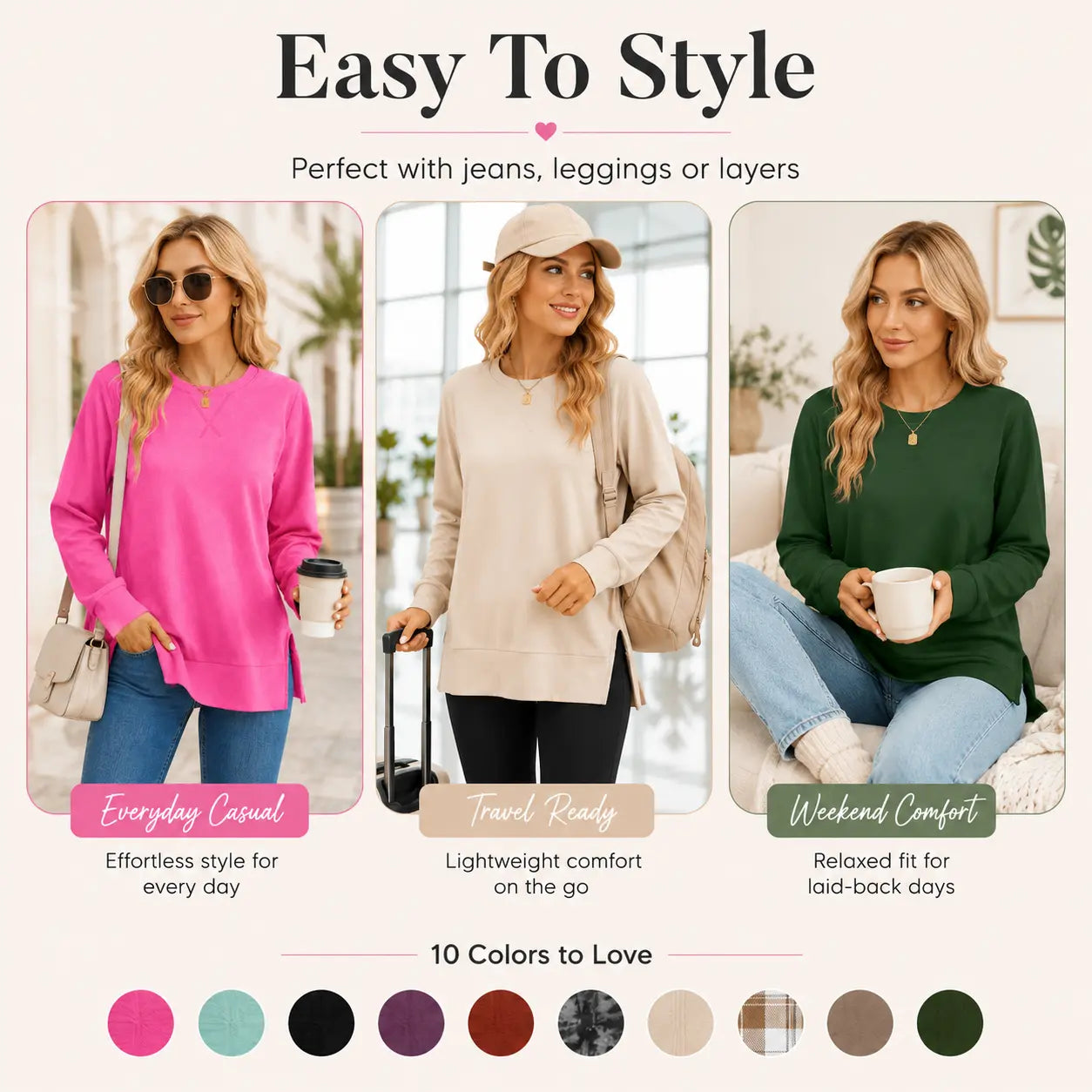 Side split hem detail on women's tunic sweatshirt