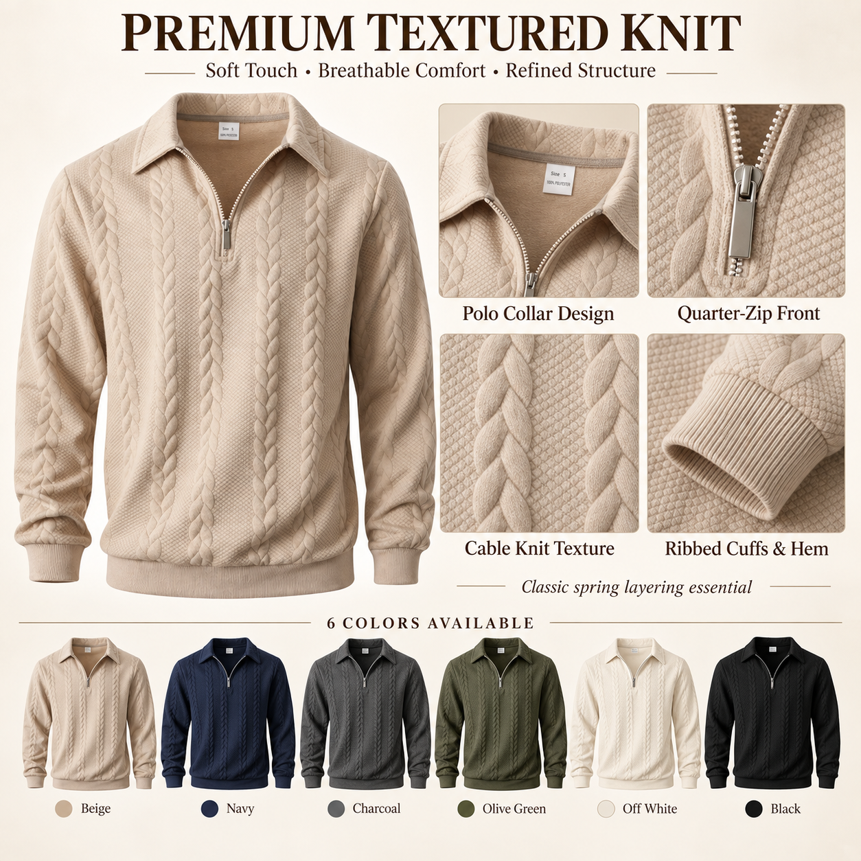 Premium textured knit polo collar half zip and cable knit details