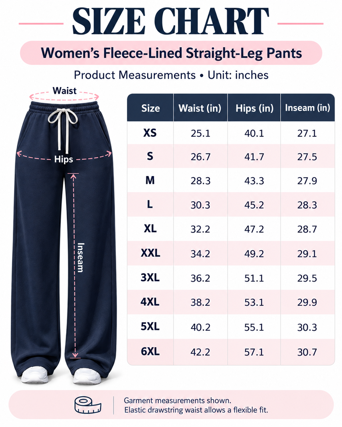 Women's fleece-lined straight-leg pants size chart XS to 6XL