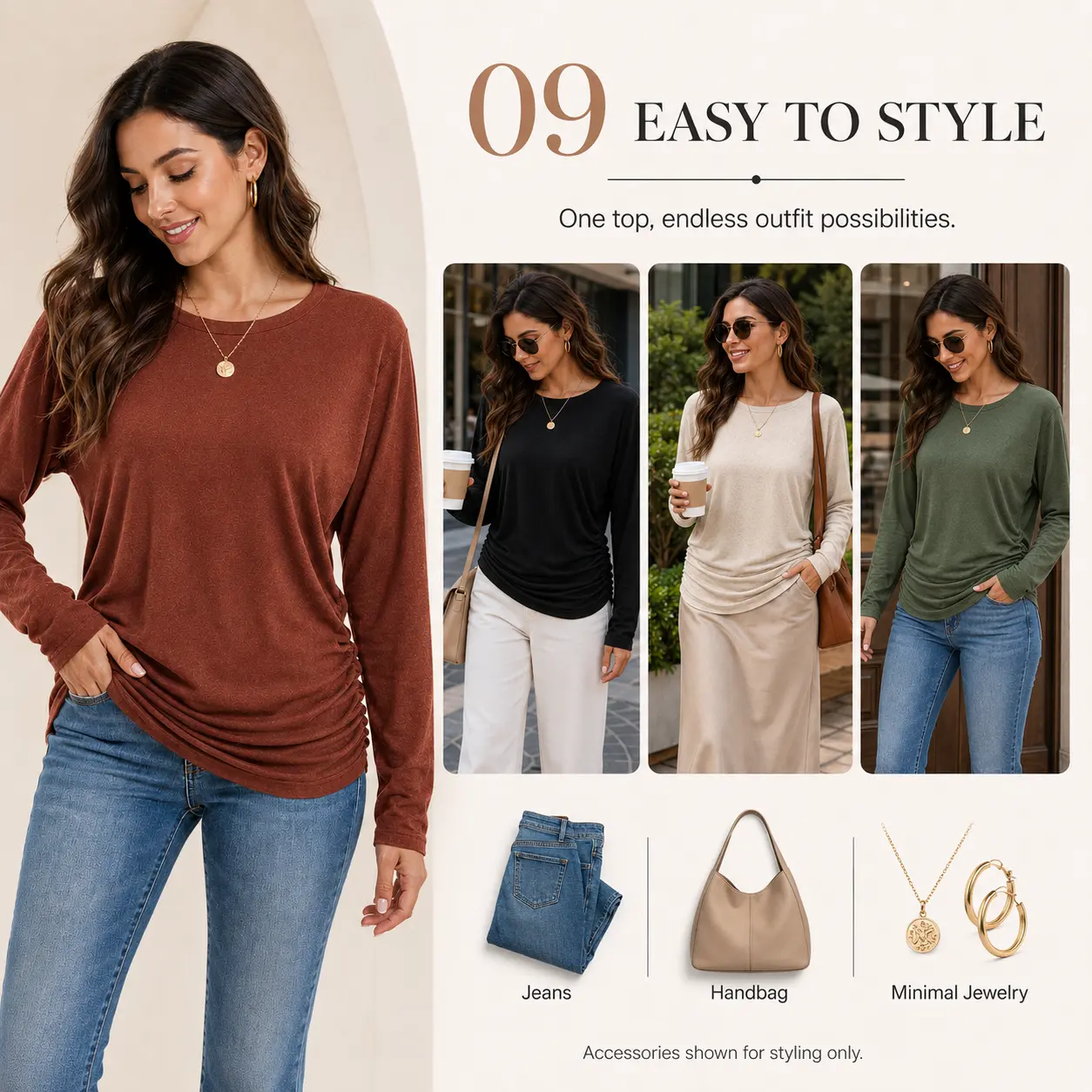 Womens Long Sleeve Ruched Hem Lightweight Sweaters