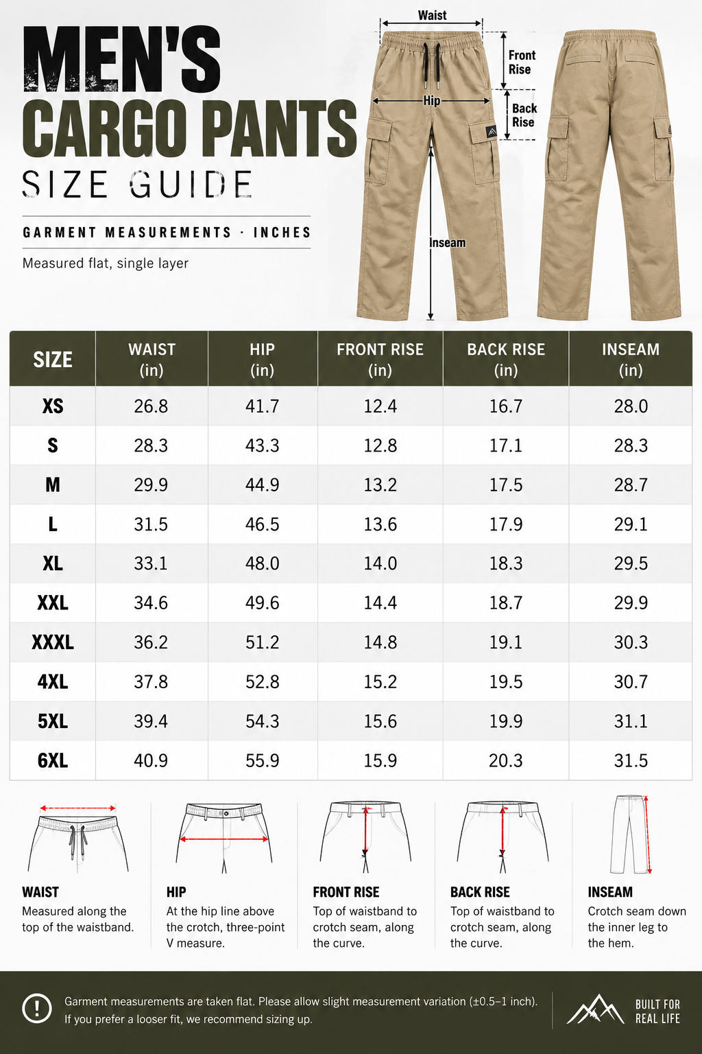 Men's cargo pants garment measurement size guide XS to 6XL