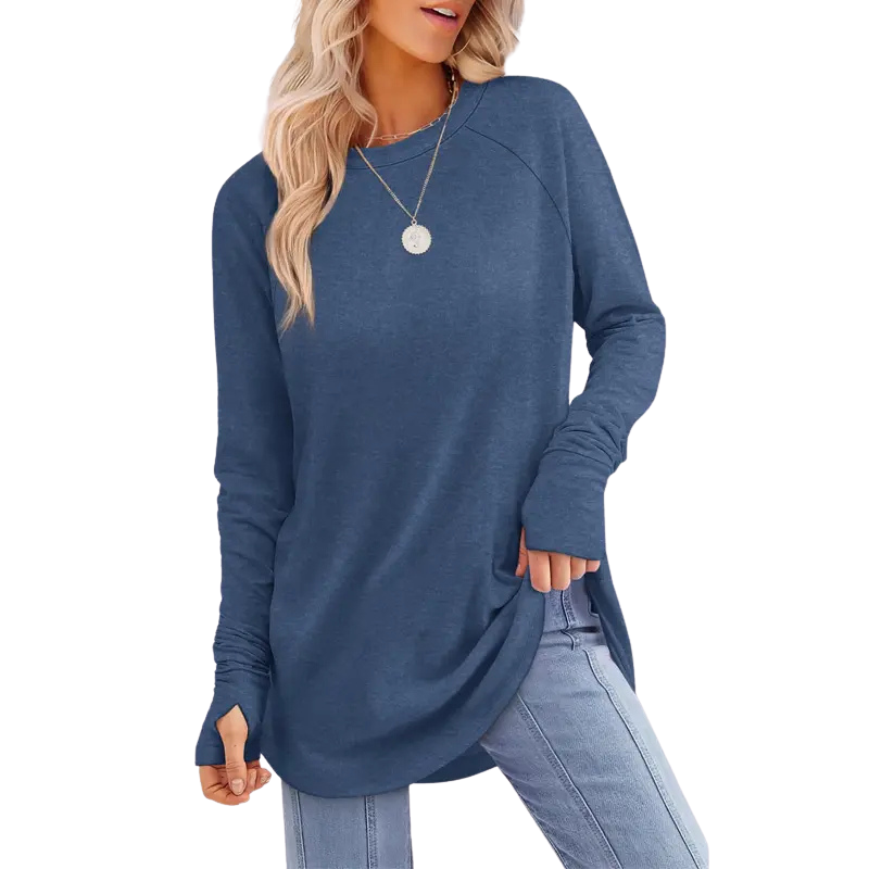 Women’s Casual Tunic Tops with Thumb Holes & Curved Hem