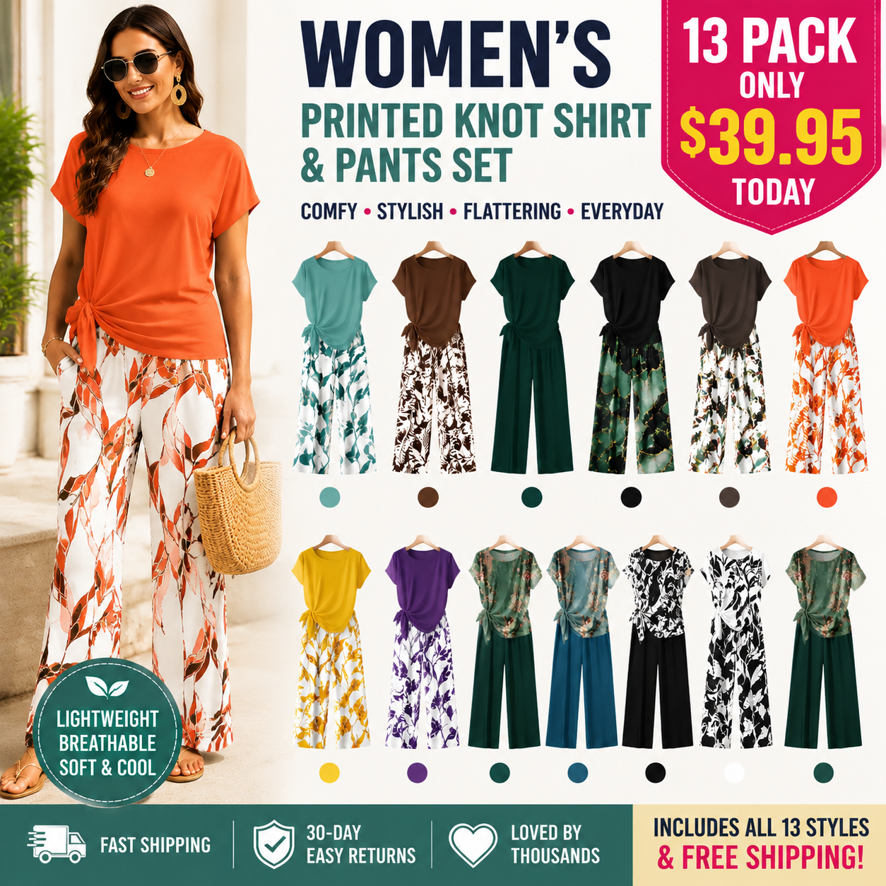 🔥 LAST DAY SALE | Women's Chic Printed Knot Shirt With Relaxed Straight Leg Pants – Casual Matching Set