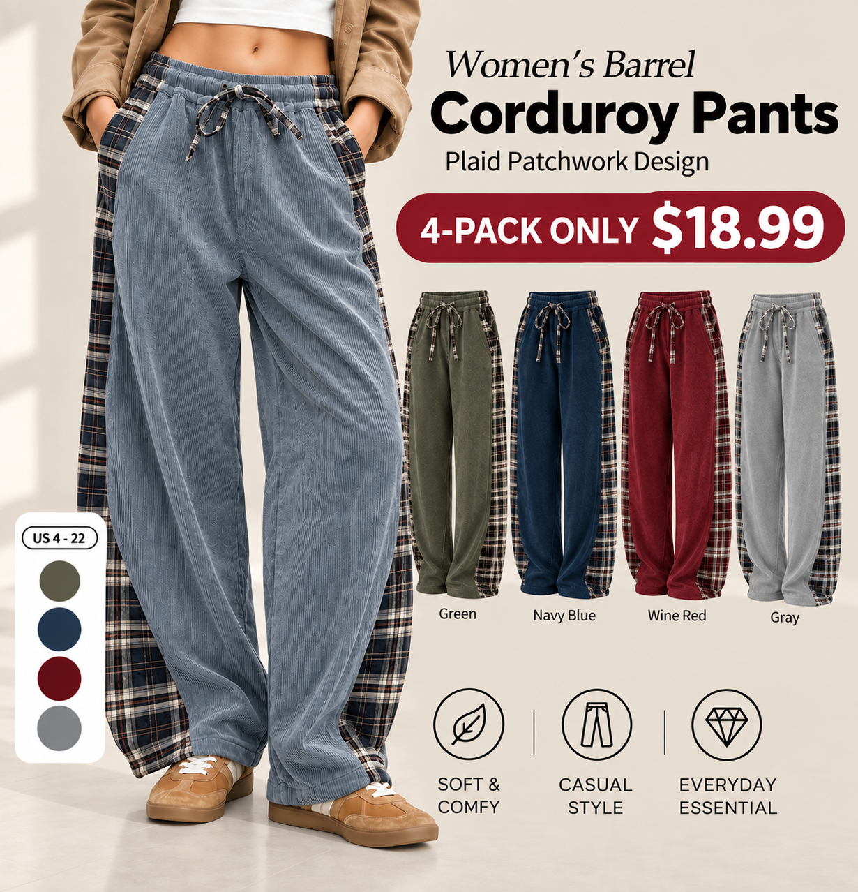 🍂 FALL SPECIAL | 4 FOR ONLY $18.99! Women’s Corduroy Barrel Pants – Plaid Patchwork Loose-Fit Casual Trousers