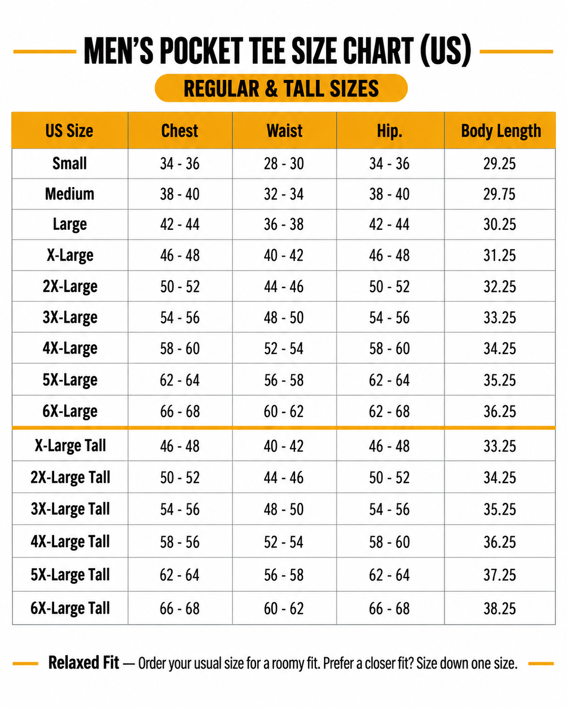 Men's Pocket Tee Size Guide