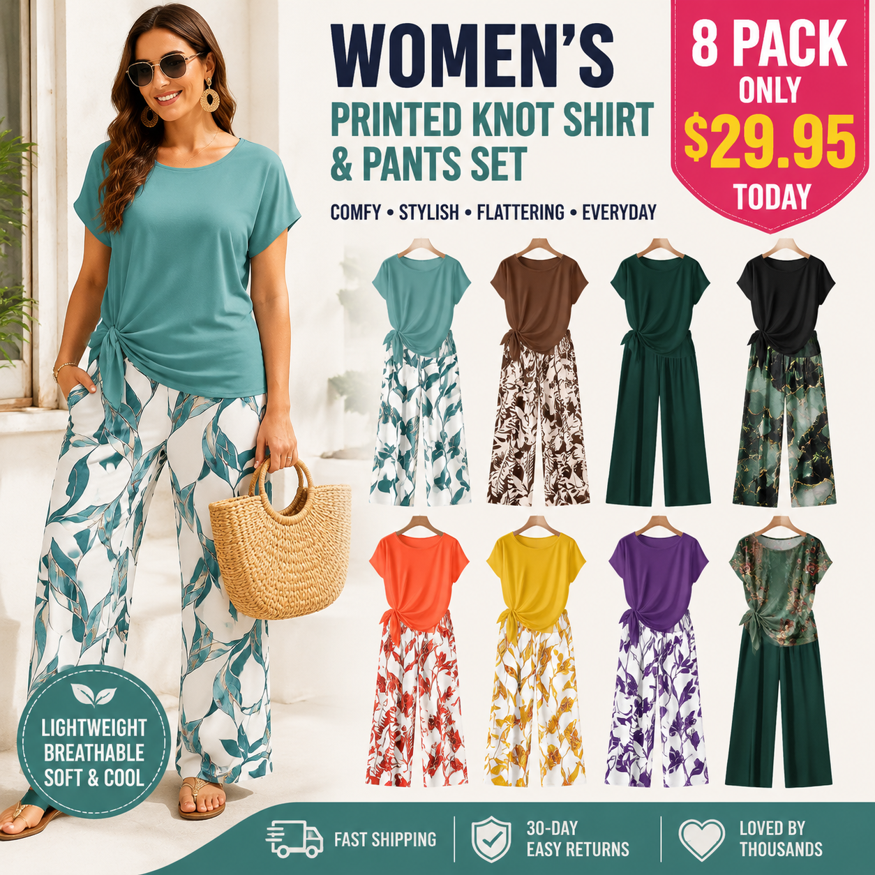 🔥 LAST DAY SALE | Women's Chic Printed Knot Shirt With Relaxed Straight Leg Pants – Casual Matching Set