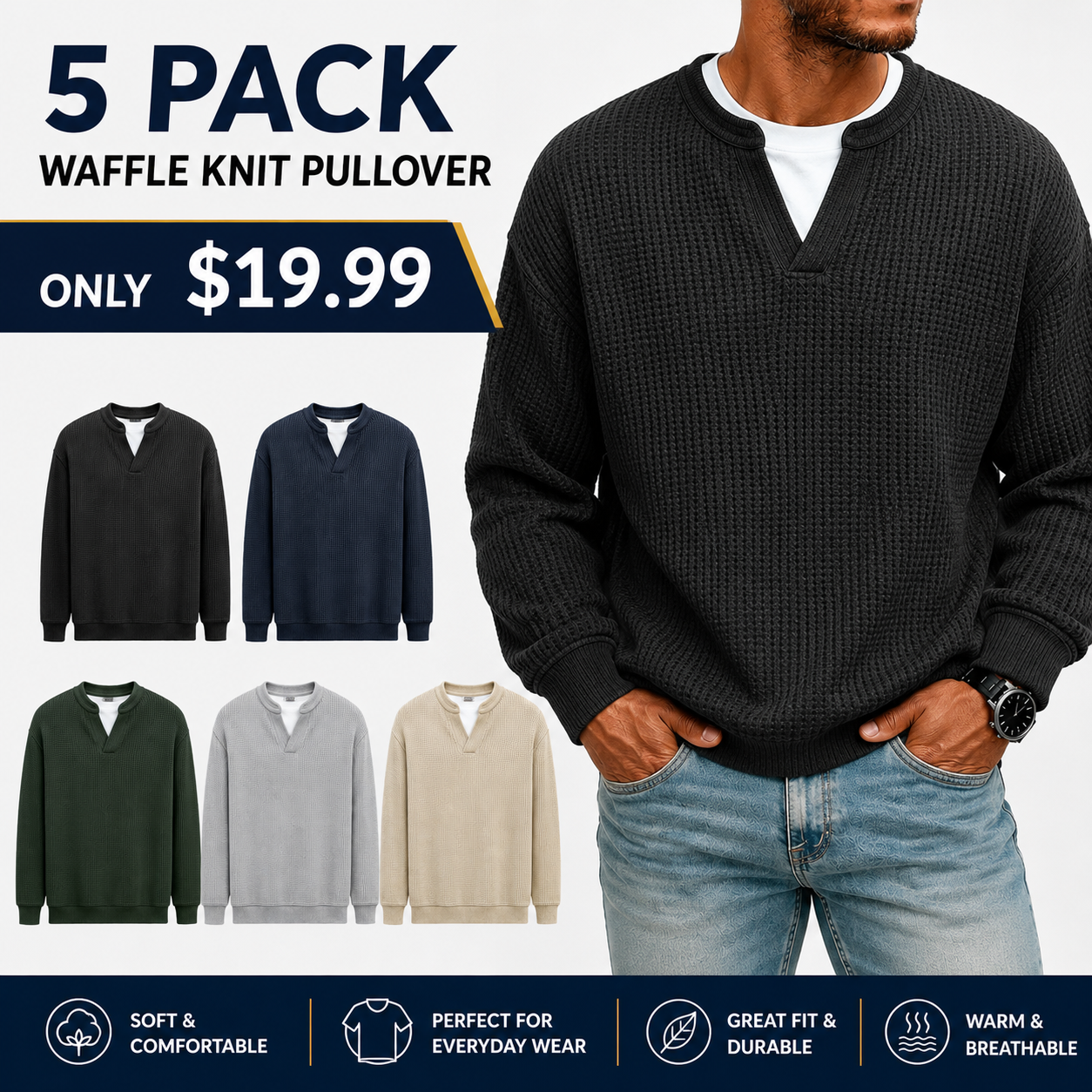 🍂 FALL & WINTER DEAL | 5 FOR $19.99 | 10 FOR ONLY $26.99! Men’s Thermal Waffle Knit Pullover – Soft & Cozy Long Sleeve Sweater