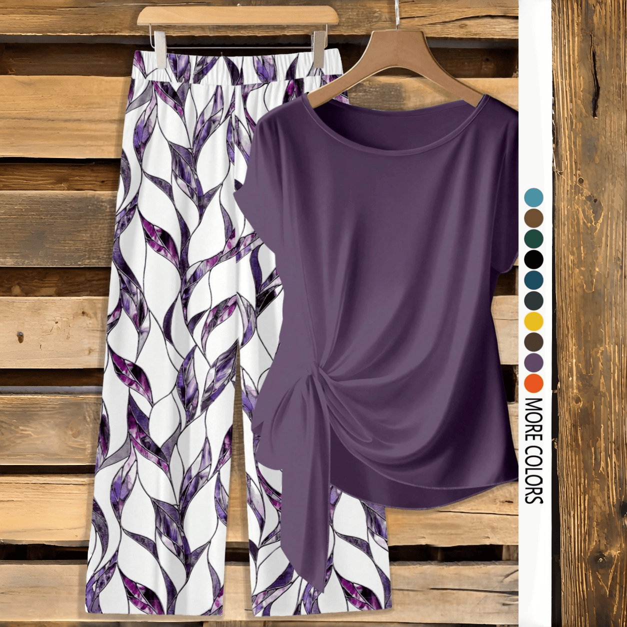 🔥 LAST DAY SALE | Women's Chic Printed Knot Shirt With Relaxed Straight Leg Pants – Casual Matching Set