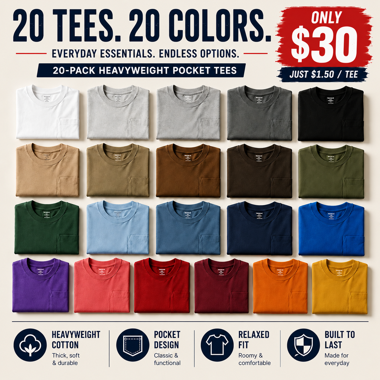 🔥 END OF SUMMER CLEARANCE | 20 FOR ONLY $29.95! Classic Heavyweight Pocket Work Tees – Relaxed Fit Everyday T-Shirts