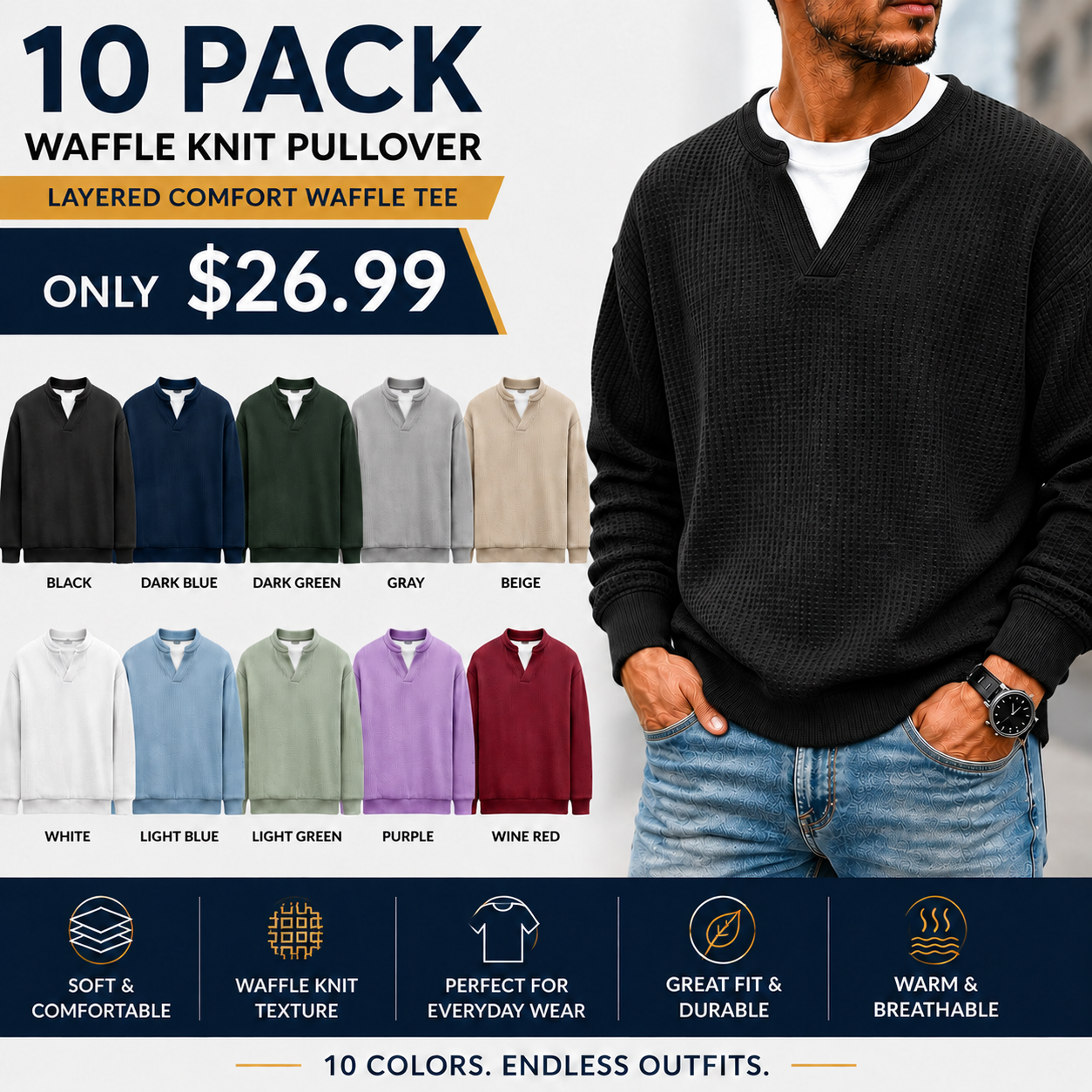 🍂 FALL & WINTER DEAL | 5 FOR $19.99 | 10 FOR ONLY $26.99! Men’s Thermal Waffle Knit Pullover – Soft & Cozy Long Sleeve Sweater
