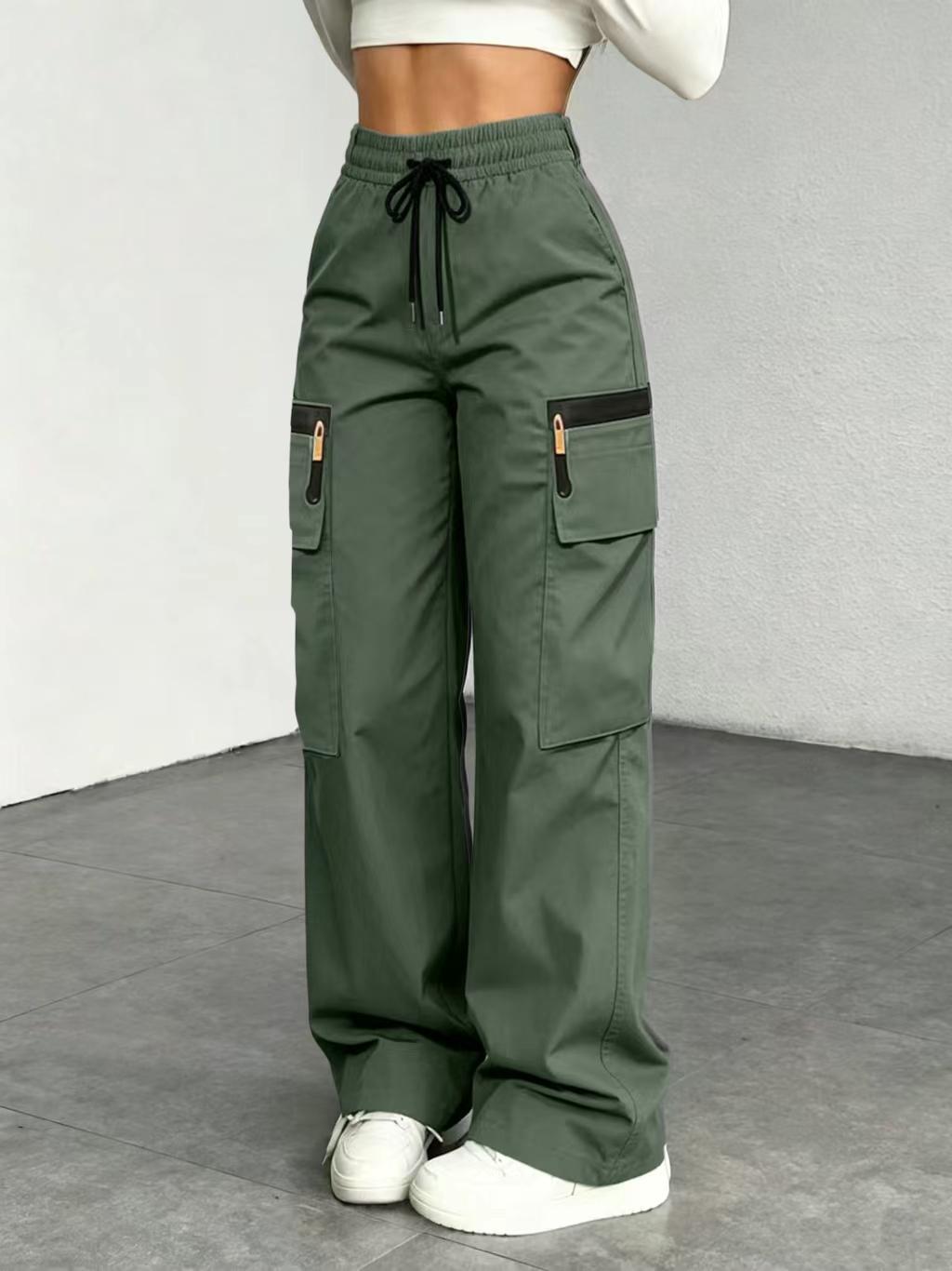 Women’s lightweight loose cargo pants with multiple pockets, decorative faux zipper design (no back pockets), made from 130 g new fabric—lightweight, breathable, quick-drying. Women’s bottoms/women’s trousers (with size options for long women’s pants in p