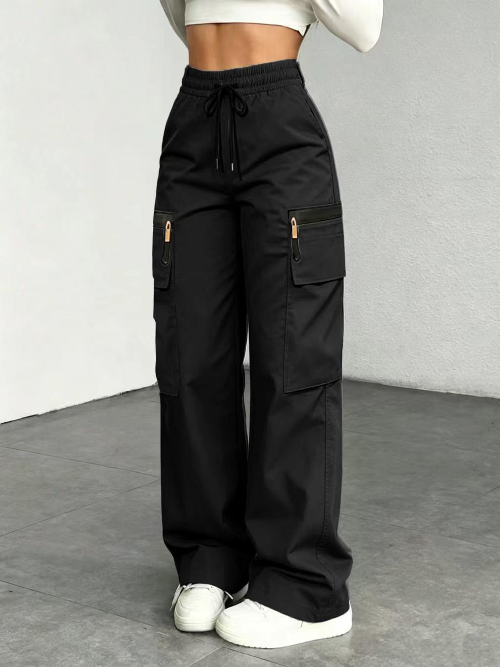 Women’s lightweight loose cargo pants with multiple pockets, decorative faux zipper design (no back pockets), made from 130 g new fabric—lightweight, breathable, quick-drying. Women’s bottoms/women’s trousers (with size options for long women’s pants in p
