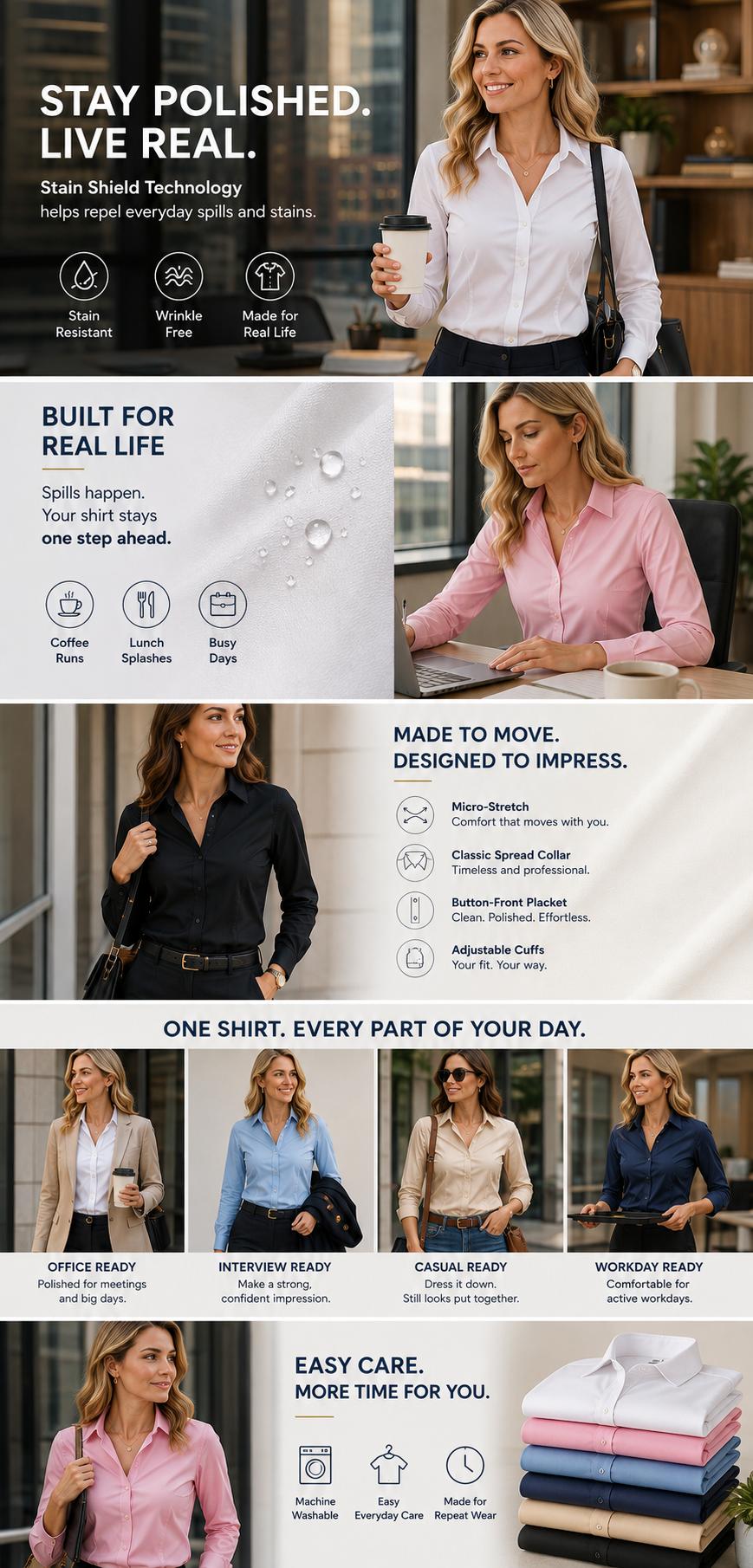 2-Pack Siliteelon Button Down Stain Shield Shirts for Women Collared Wrinkle Free Basic Classic Fit Long Sleeve Tops Business Casual  Office Work Classy Layering Blouse Fall Winter Outfits Inspo backtoschool