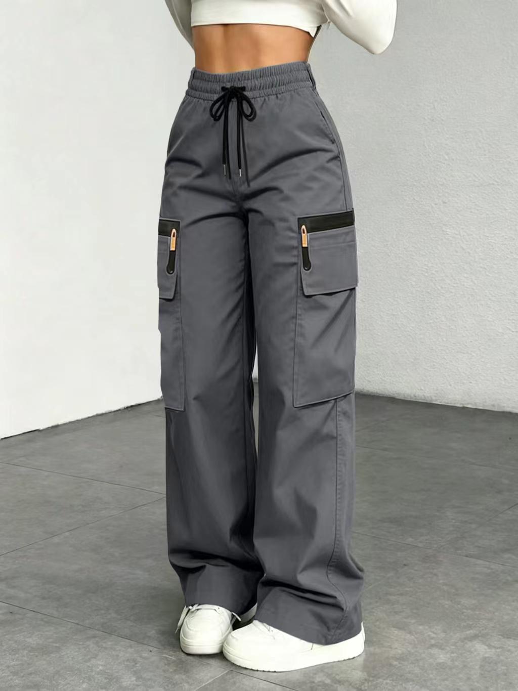 Women’s lightweight loose cargo pants with multiple pockets, decorative faux zipper design (no back pockets), made from 130 g new fabric—lightweight, breathable, quick-drying. Women’s bottoms/women’s trousers (with size options for long women’s pants in p