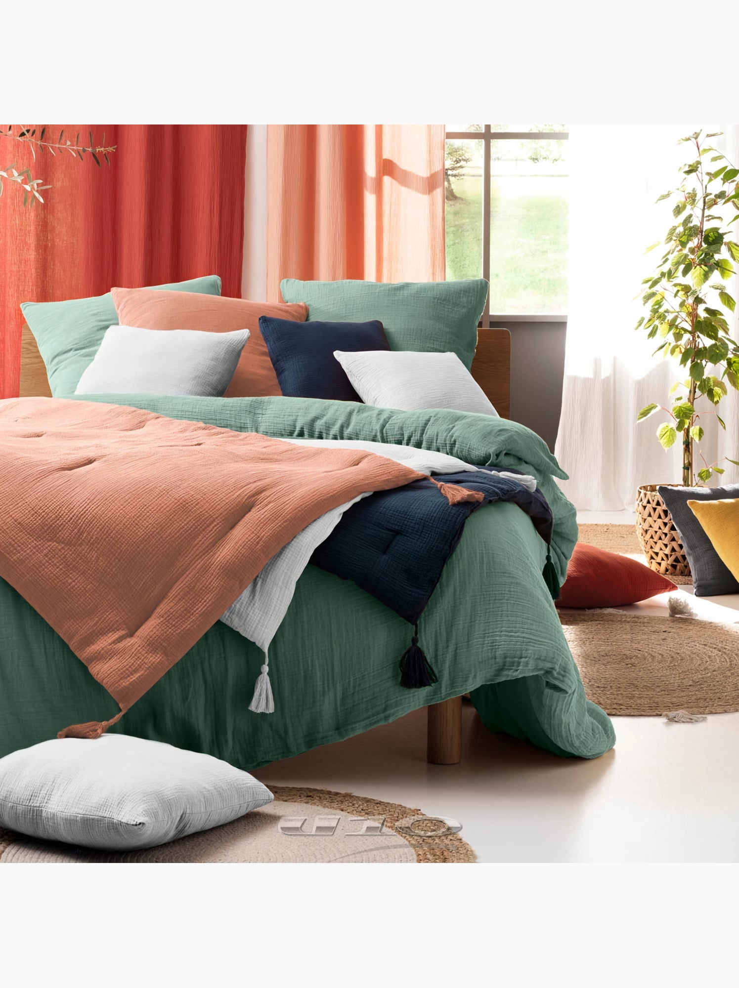 Parure de lit en gaze de coton angelia - Vert Sauge