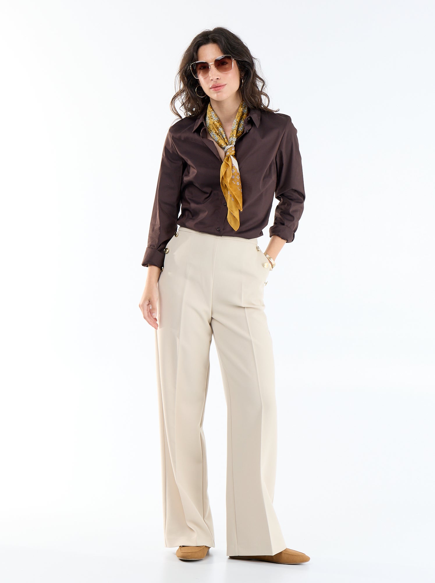 Chemise fittée col italien - Marron