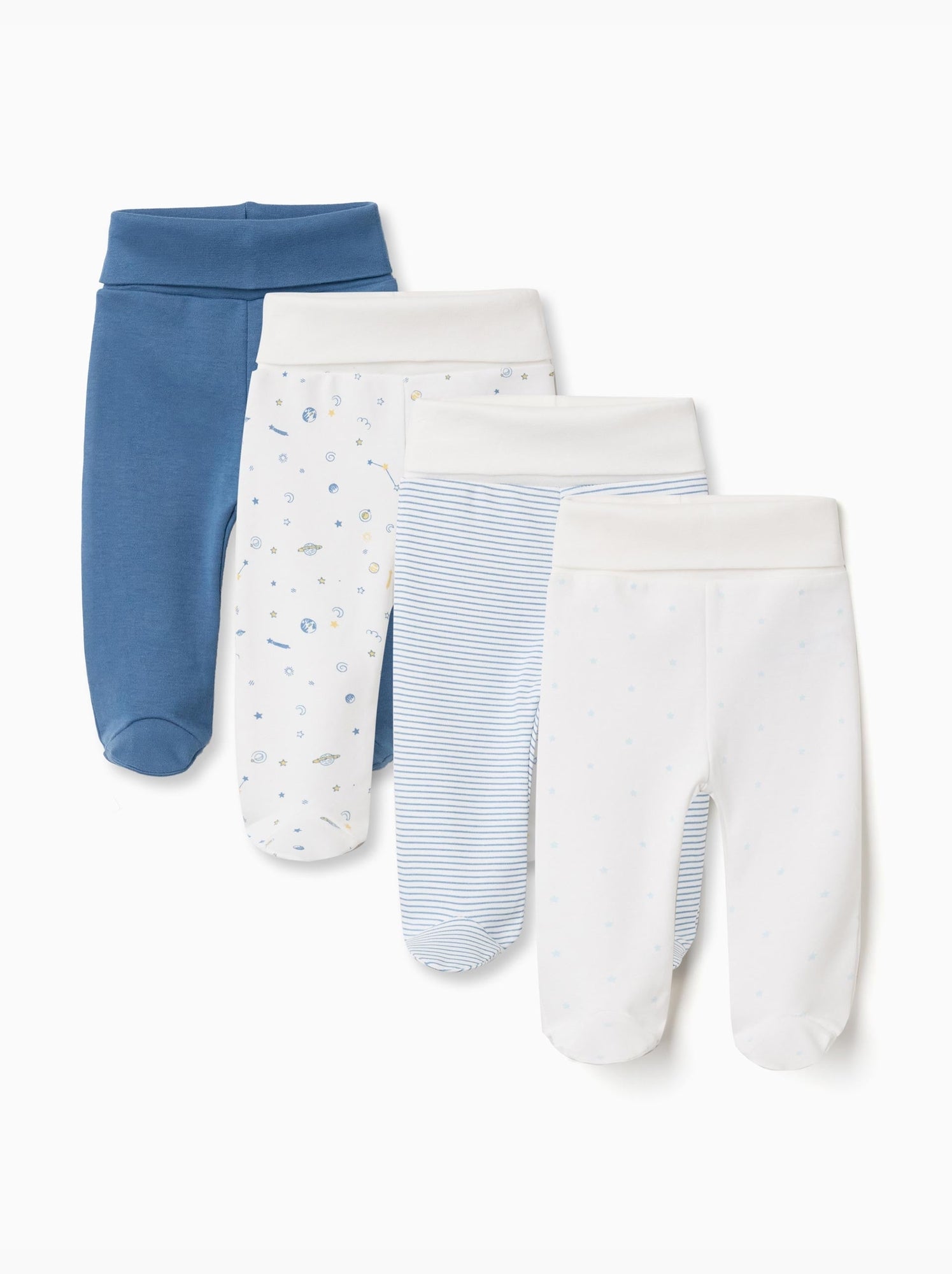4 pantalons avec pieds en coton unis/imprimés - Blanc Bleu