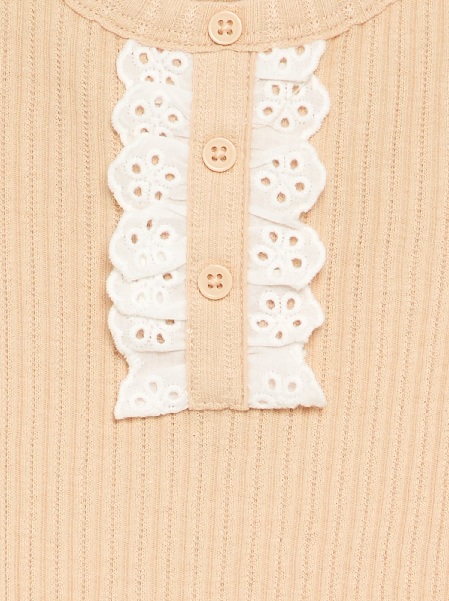 Body en maille côtelée avec broderie anglaise - Beige