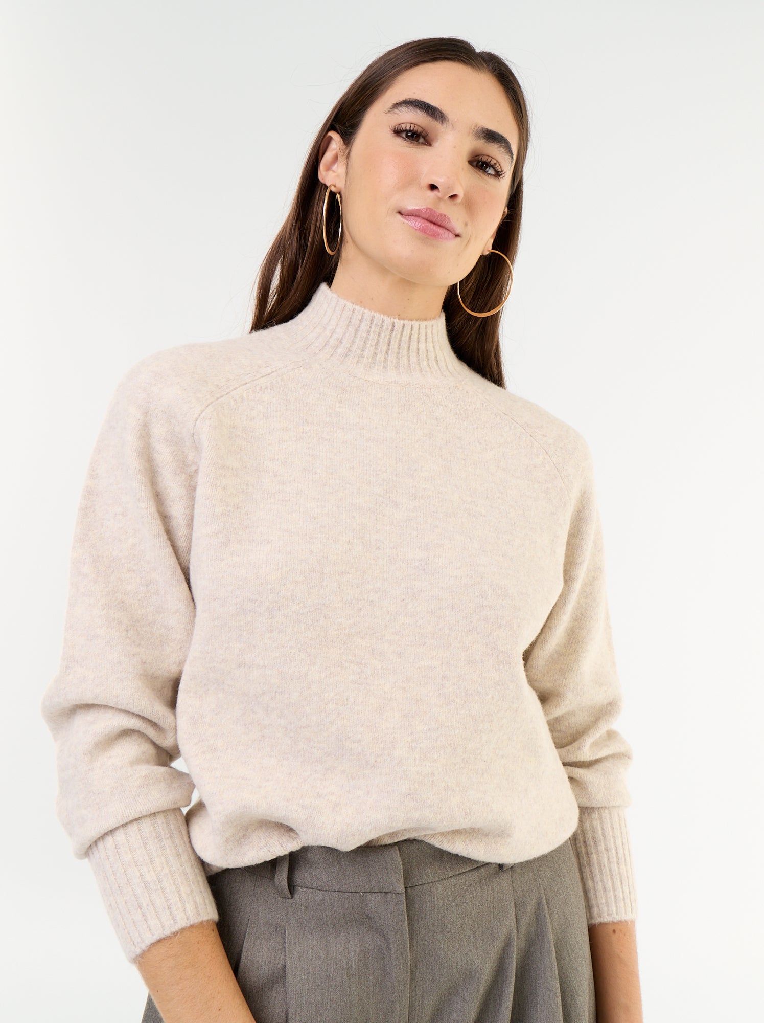 Pull col montant en rib - Beige