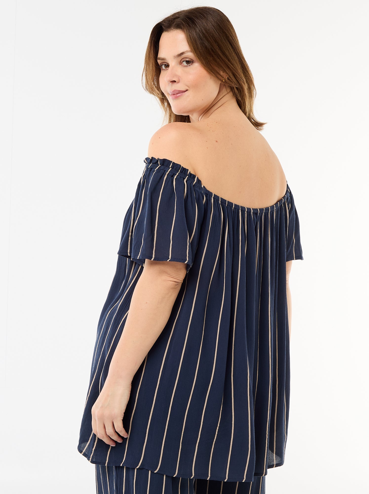 Blouse fluide crêpée à manches courtes - Bleu (FFB55_4)