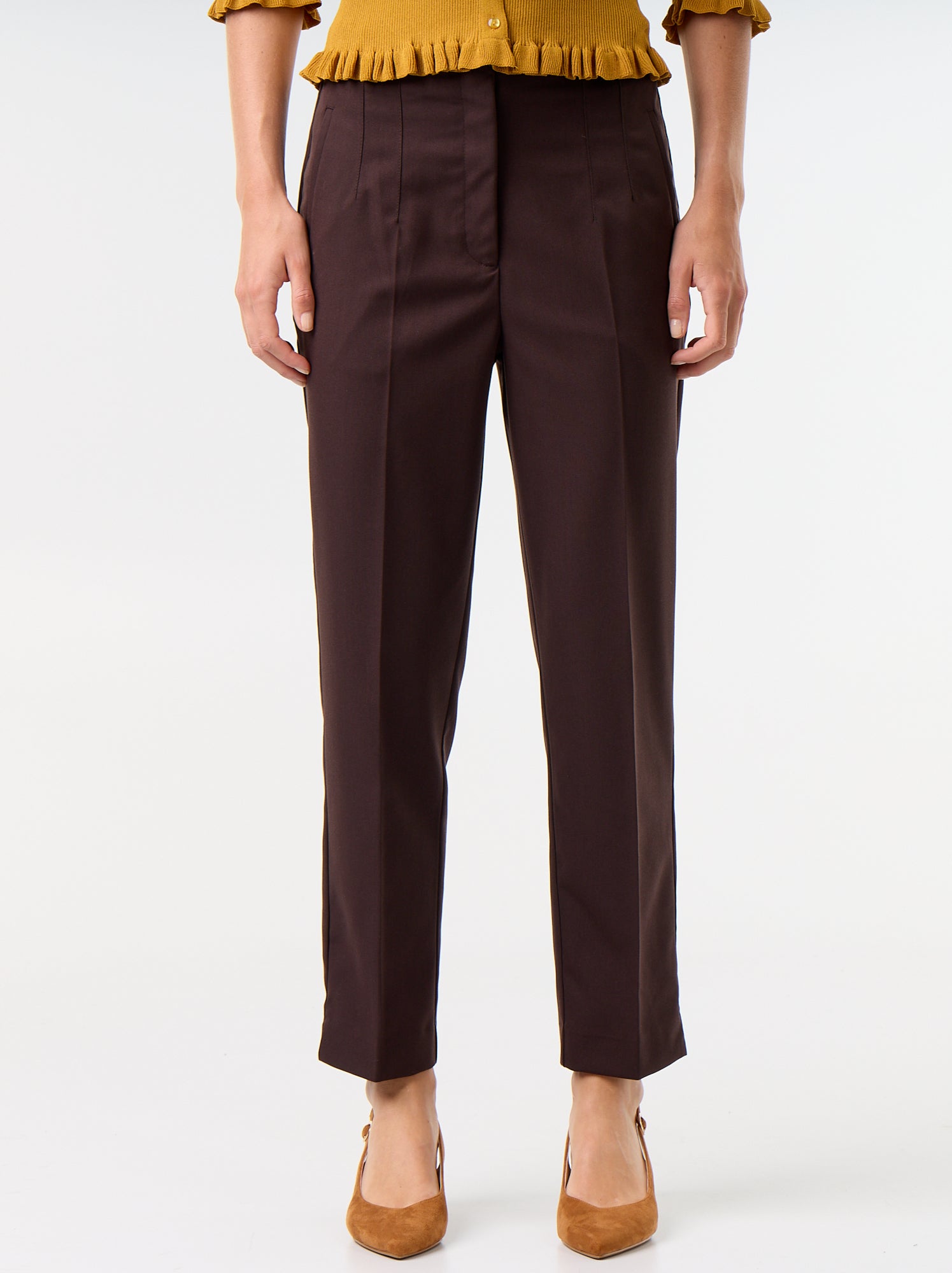 Pantalon droit à taille haute - Marron