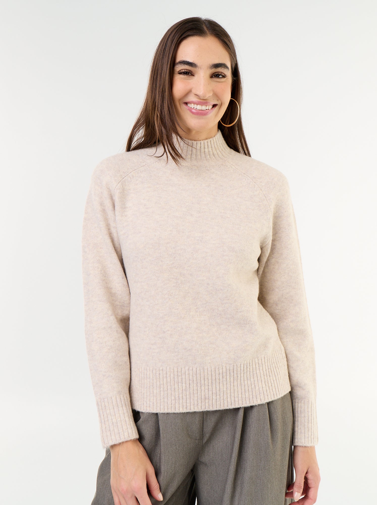 Pull col montant en rib - Beige