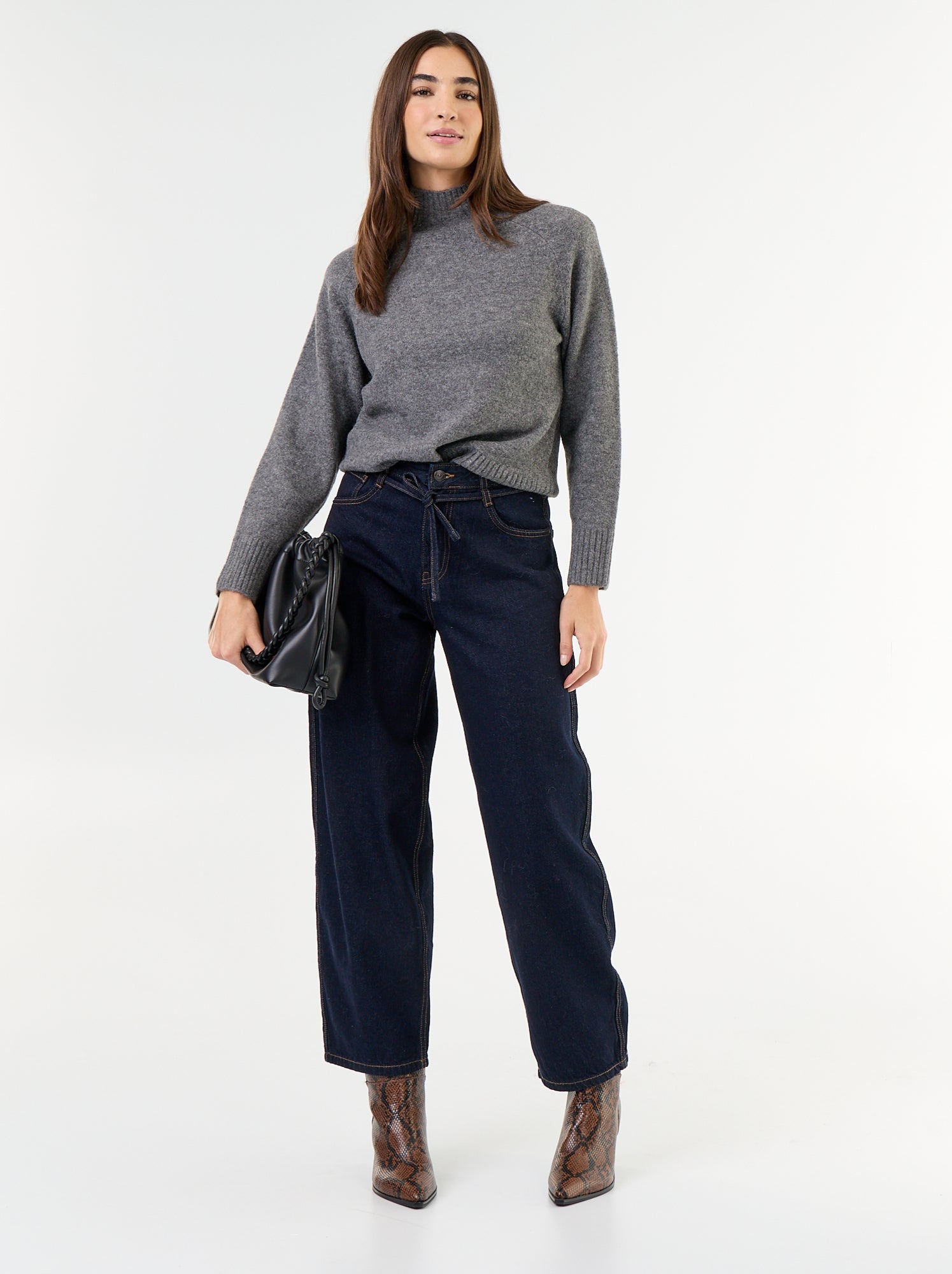 Pull col montant en rib - Gris