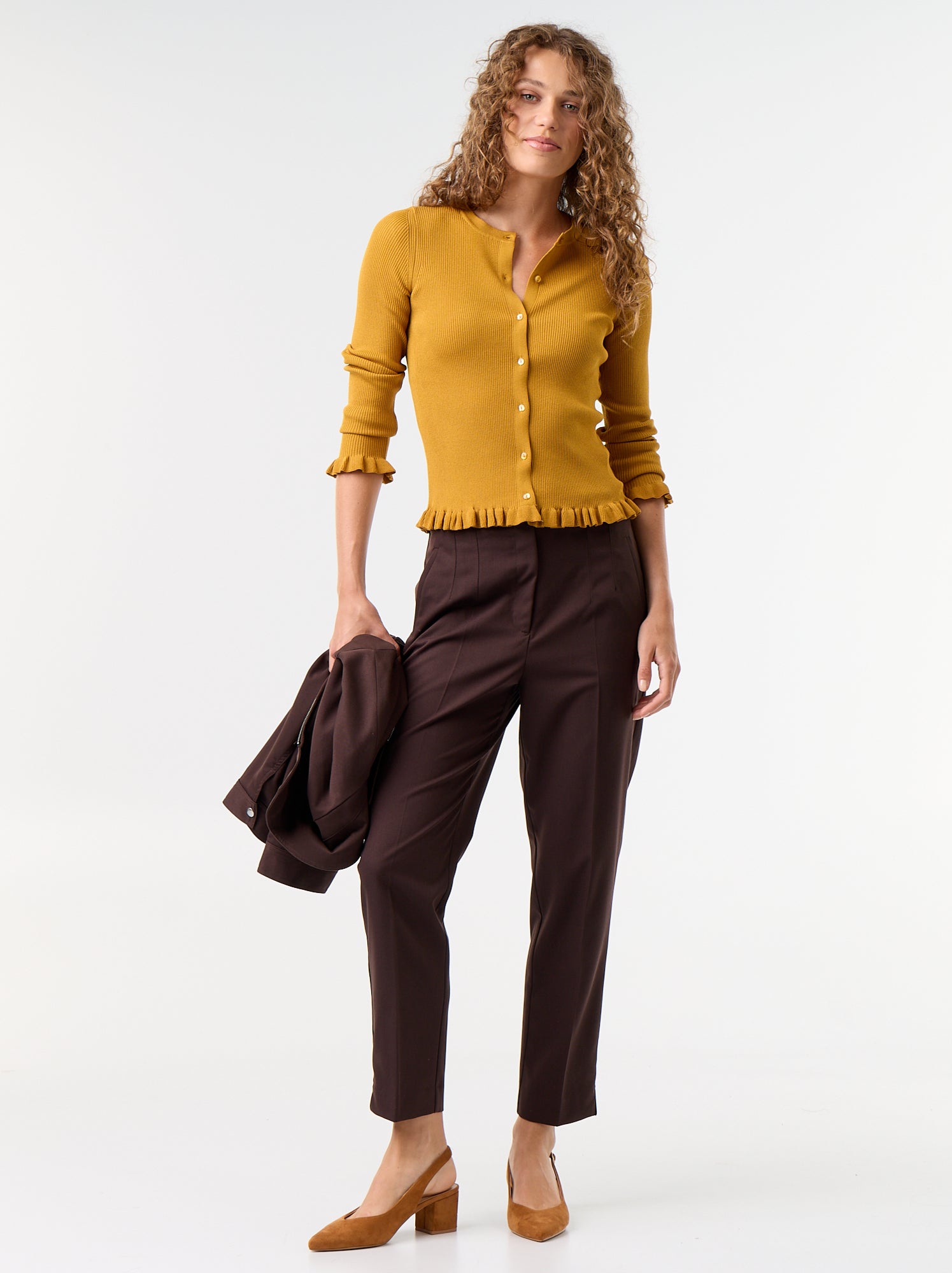 Pantalon droit à taille haute - Marron