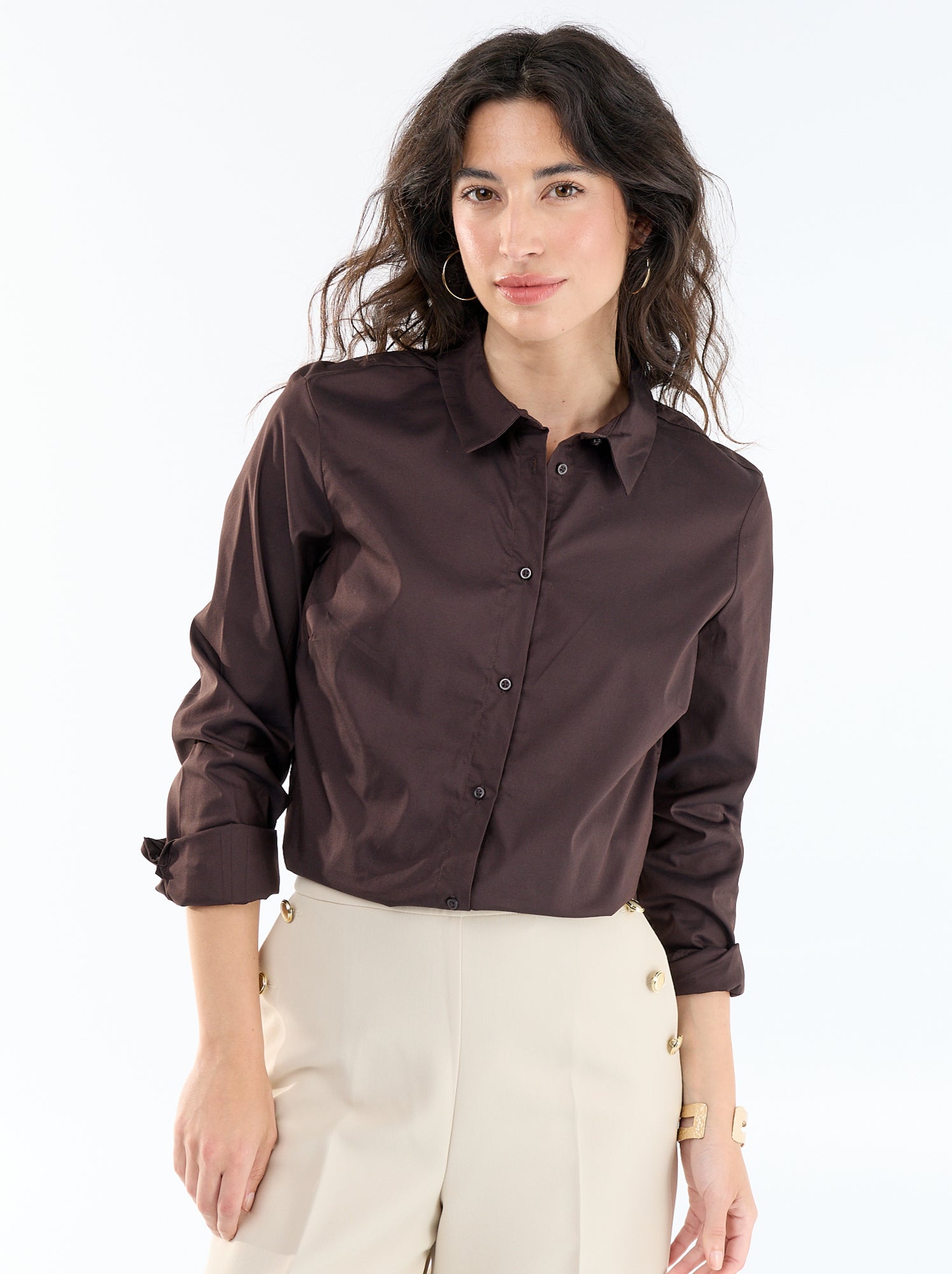 Chemise fittée col italien - Marron