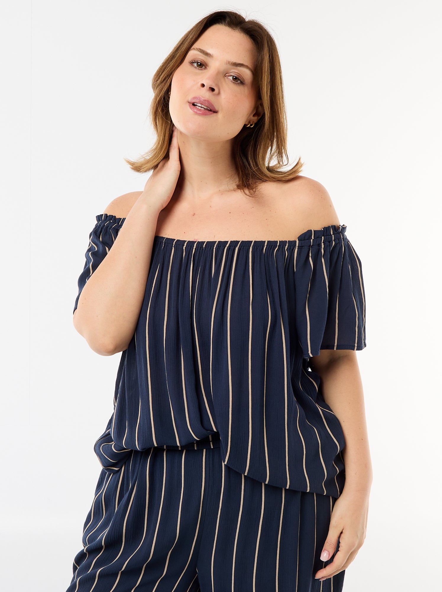 Blouse fluide crêpée à manches courtes - Bleu (FFB55_4)