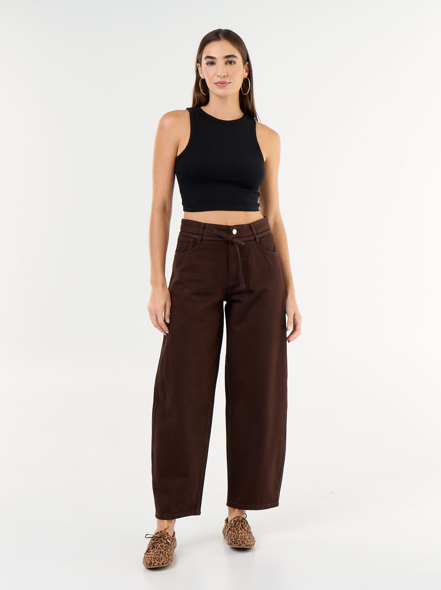 Jean barrel avec ceinture à nouer - Marron
