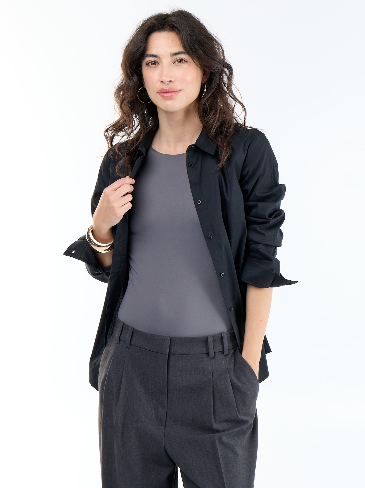 Chemise fittée col italien - Noir