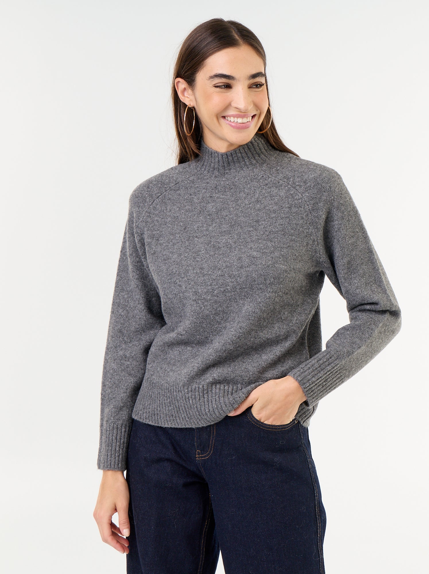 Pull col montant en rib - Gris