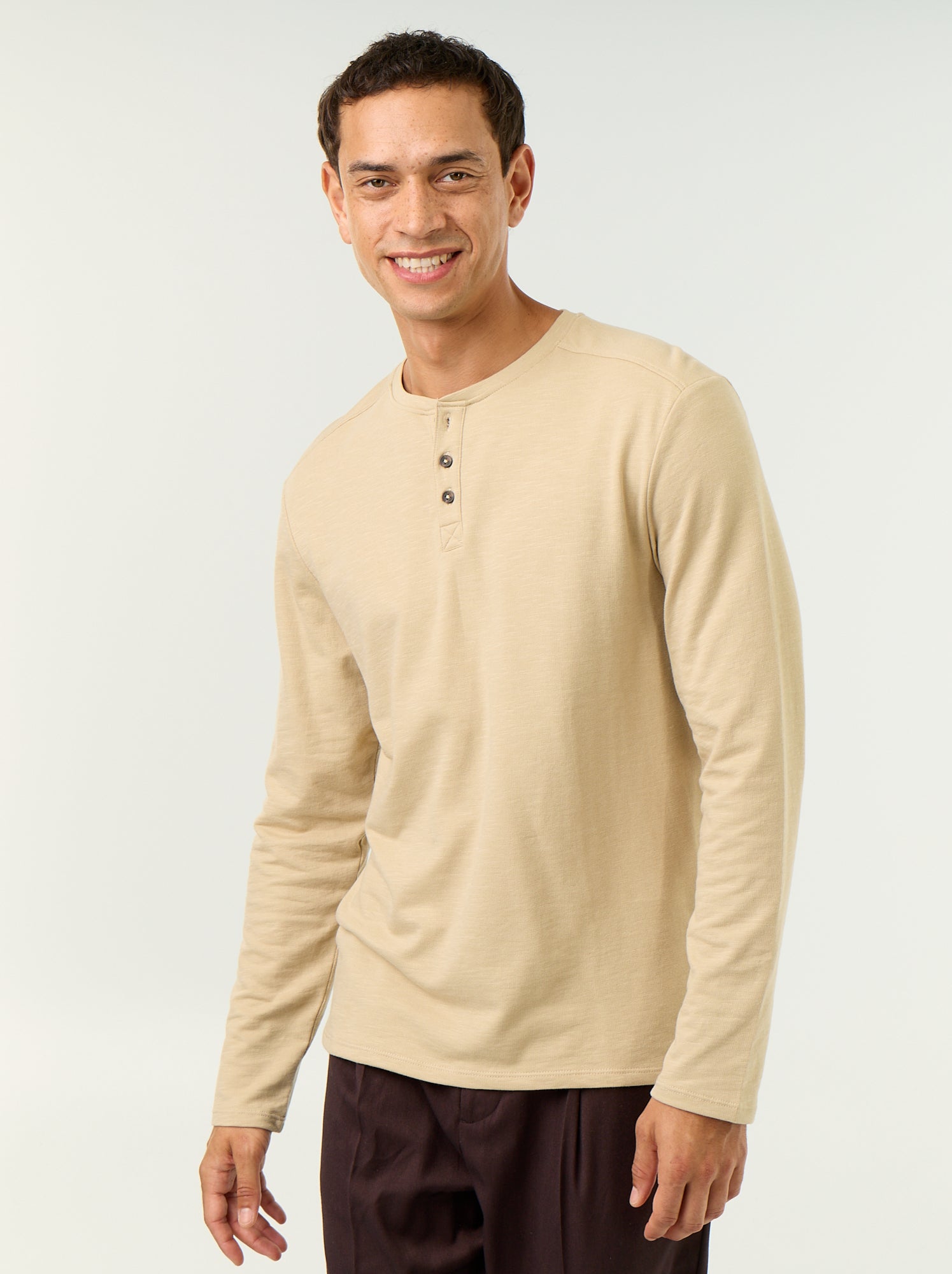 T-shirt à col tunisien à manches longues - Beige