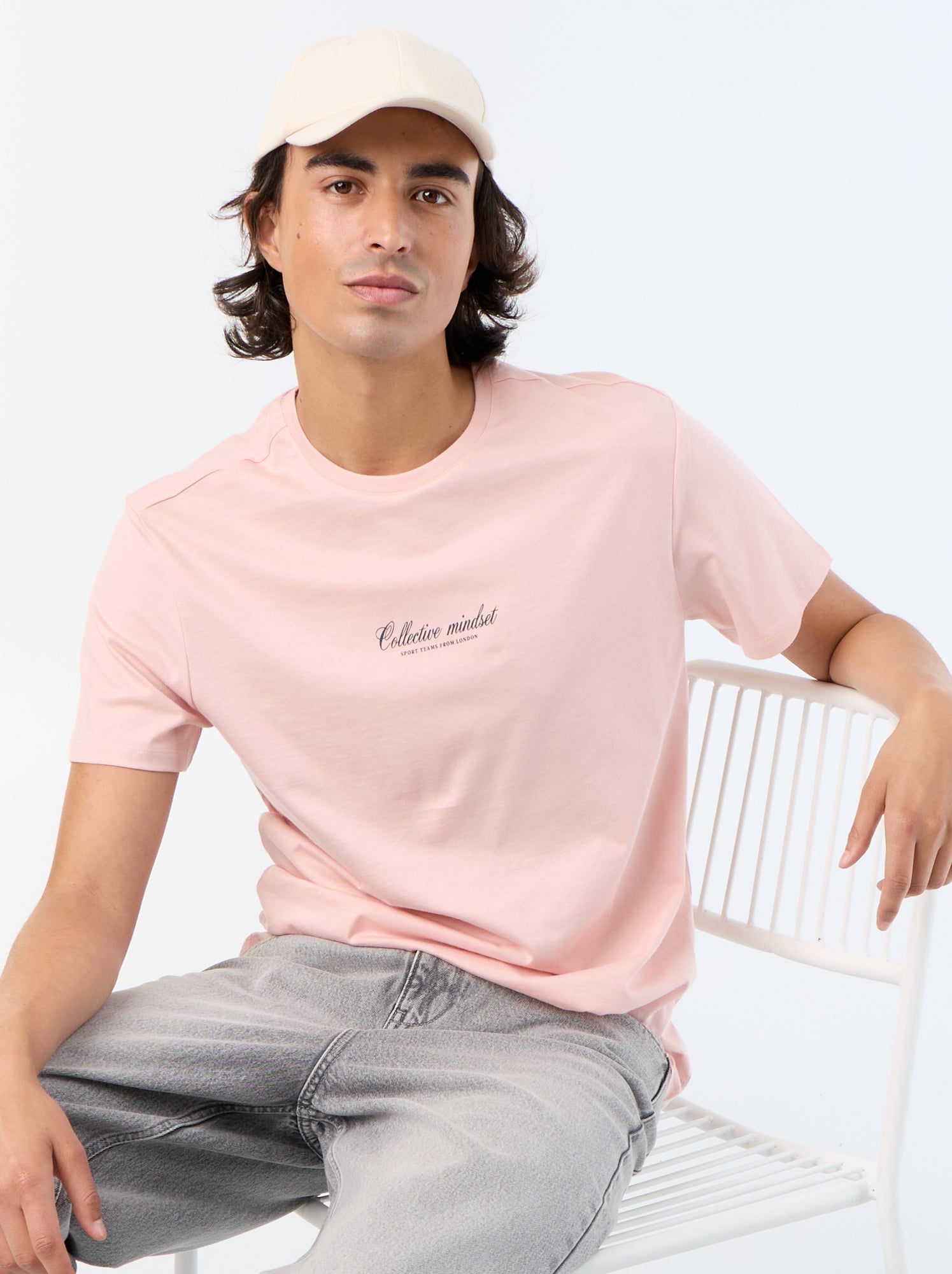 T-shirt en coton imprimé pour homme à col rond - Rose