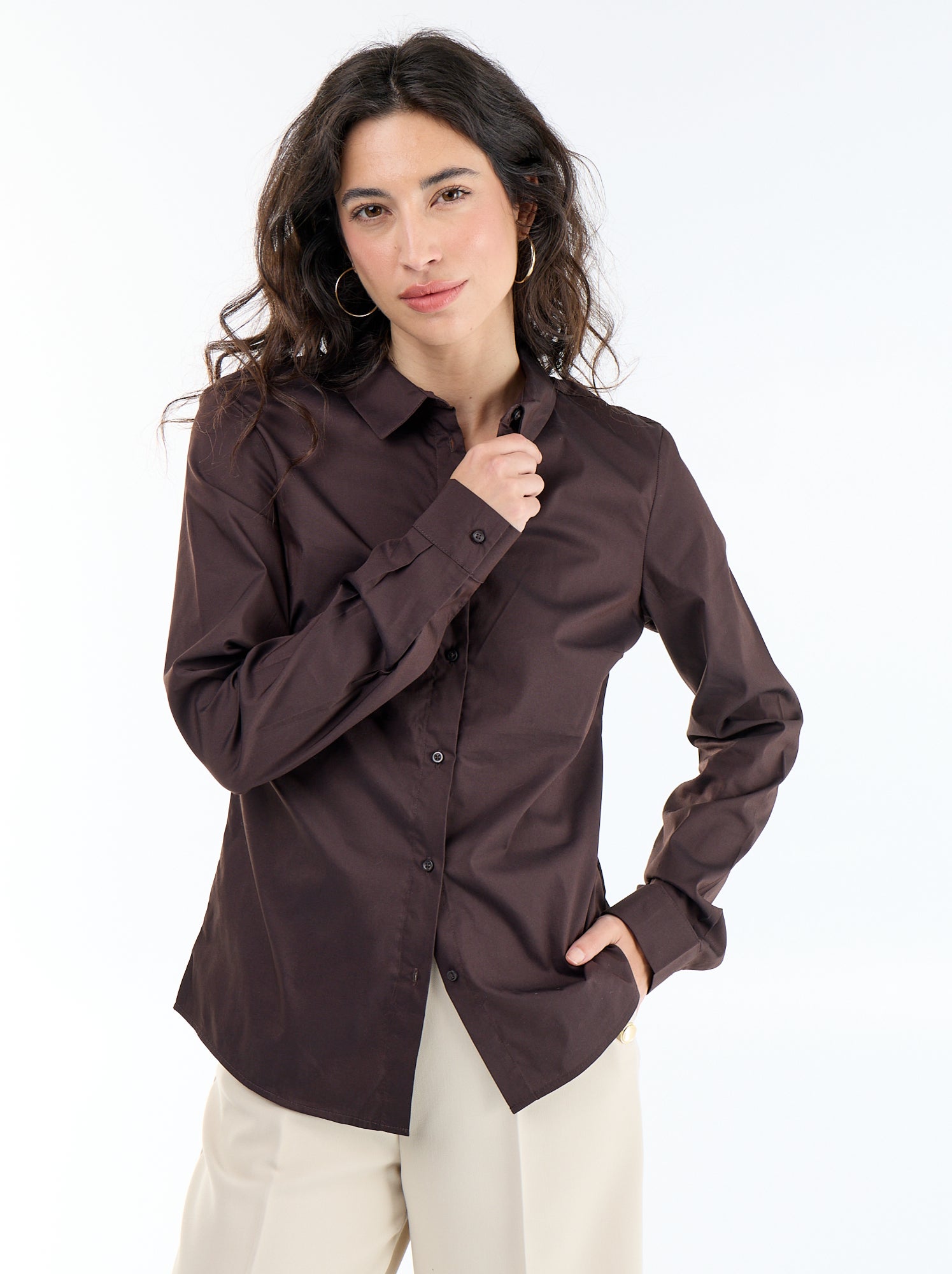 Chemise fittée col italien - Marron