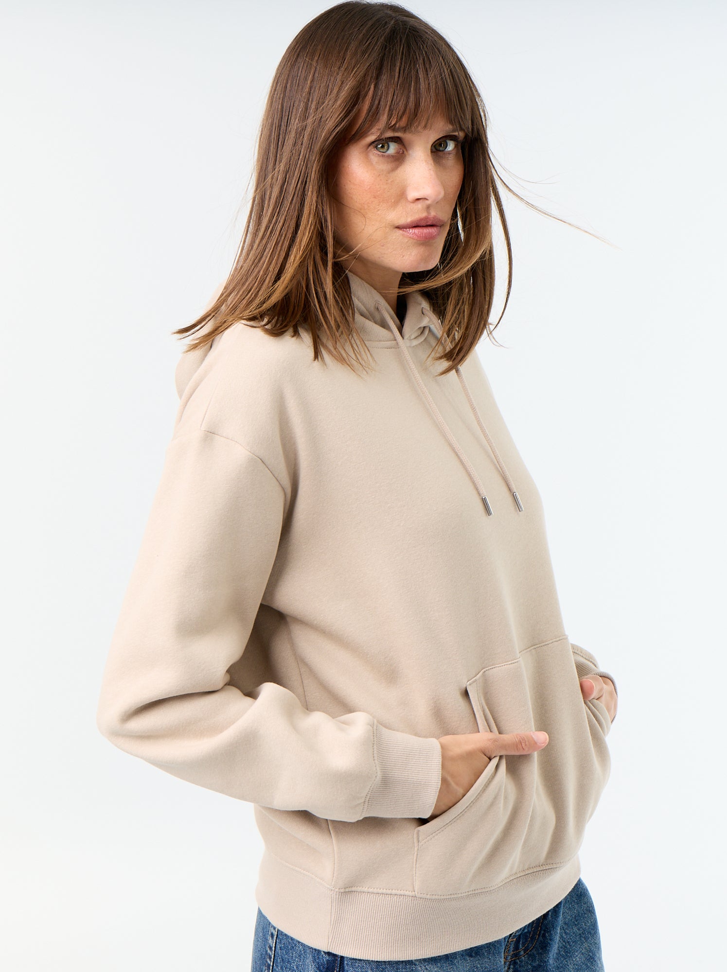 Sweat à capuche uni avec poche kangourou - Beige