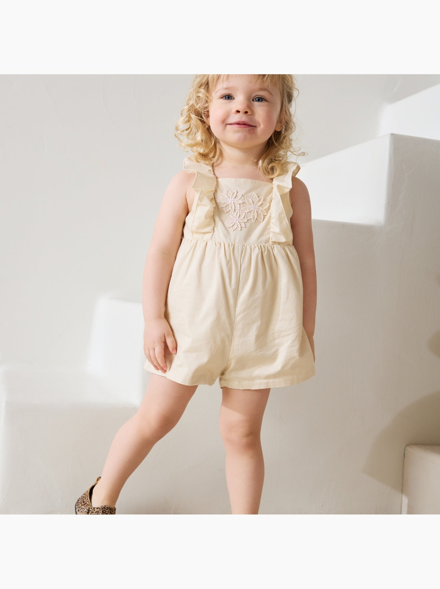 Barboteuse bébé en popeline poésie d'été - Beige clair