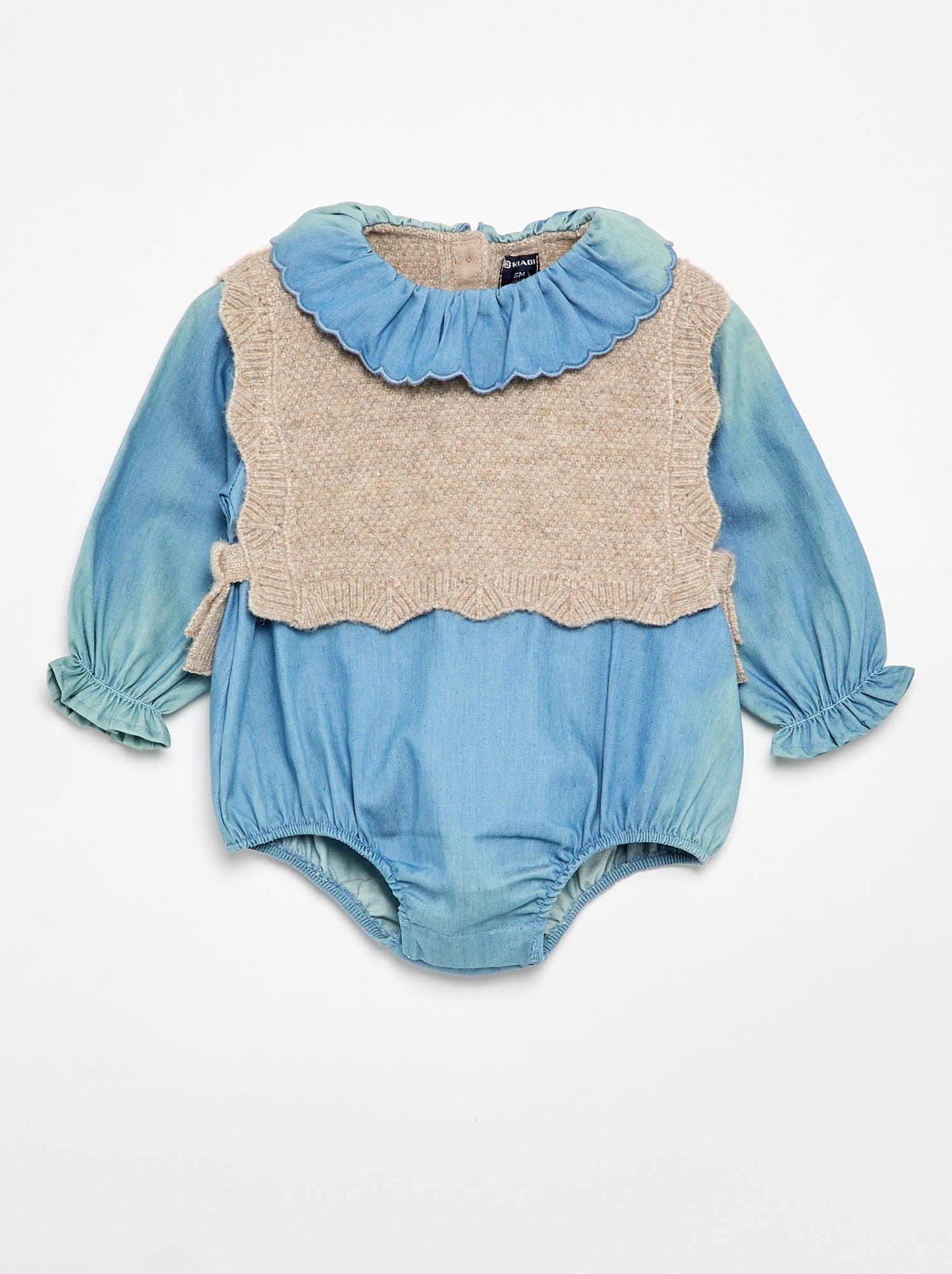 Barboteuse en tricot et denim - Beige