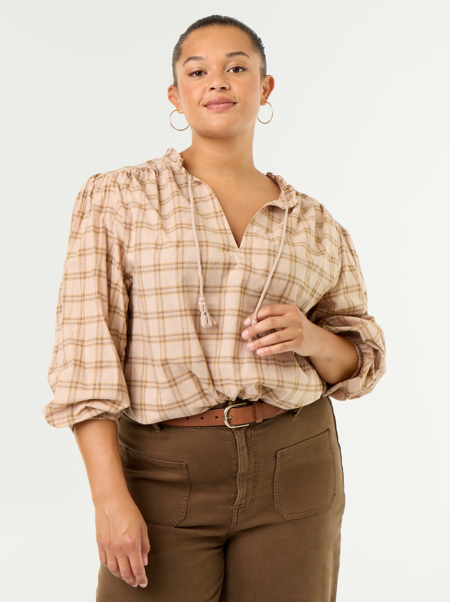 Blouse à carreaux avec encolure nouée - Beige