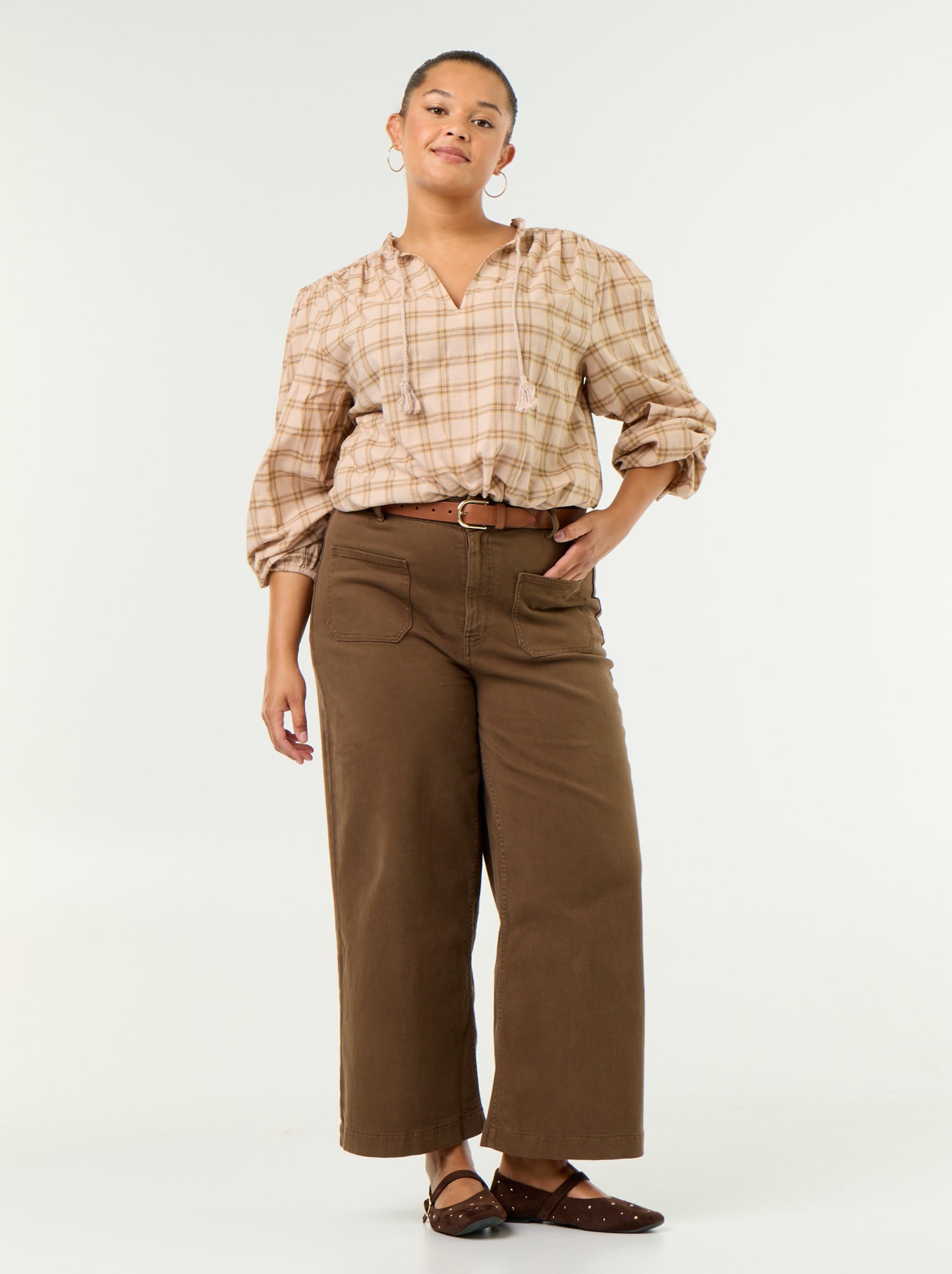 Blouse à carreaux avec encolure nouée - Beige