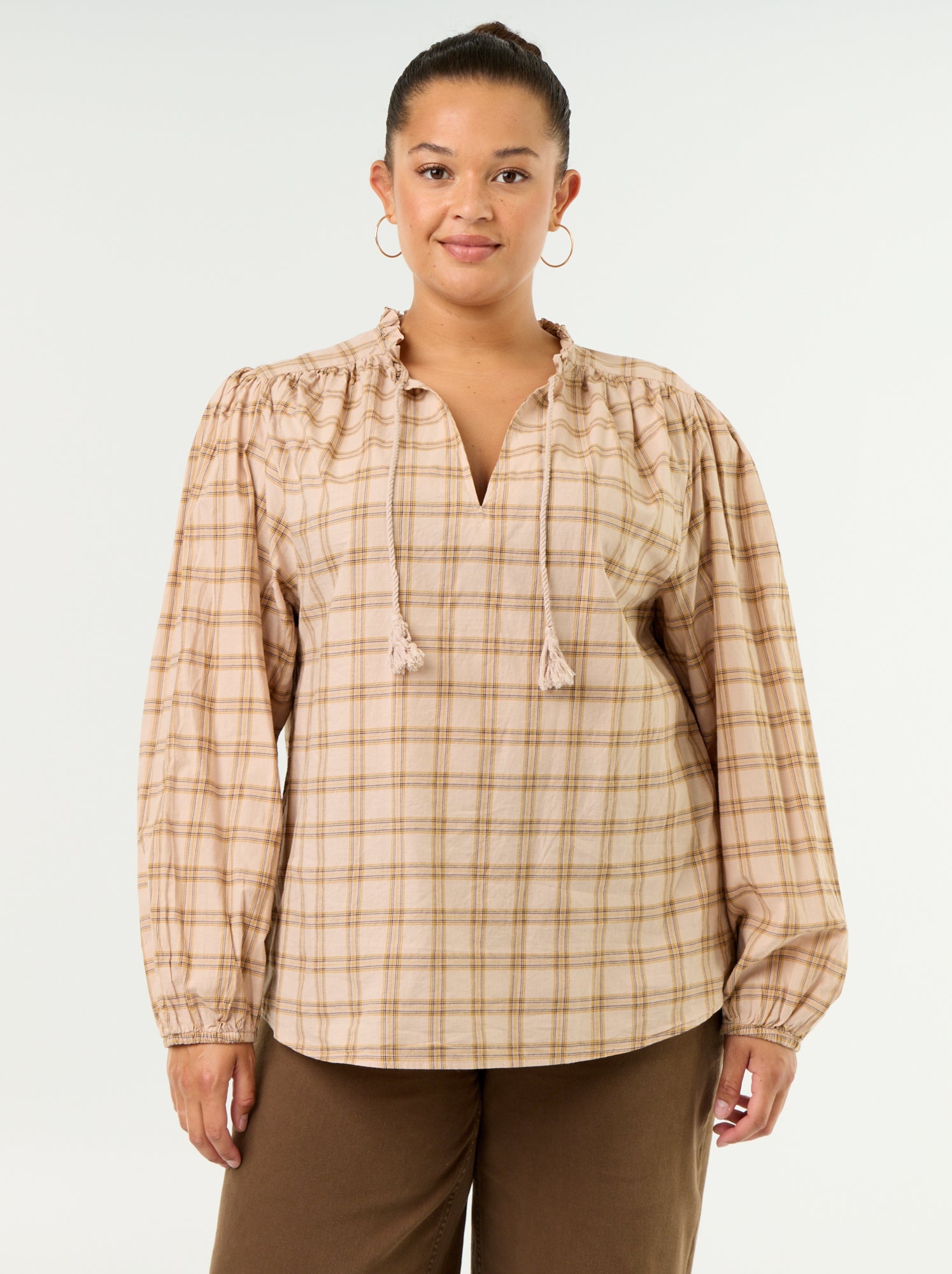 Blouse à carreaux avec encolure nouée - Beige