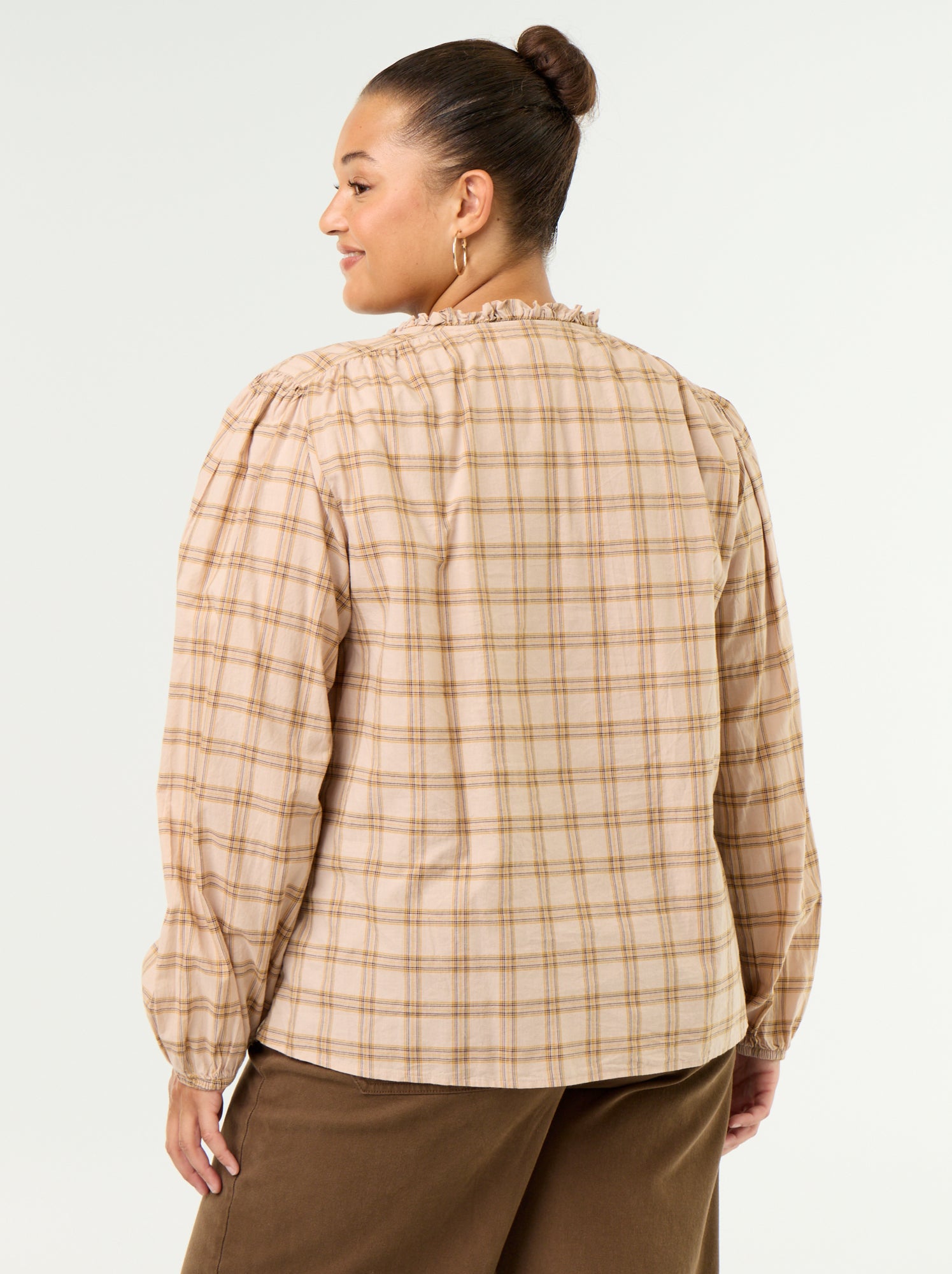 Blouse à carreaux avec encolure nouée - Beige