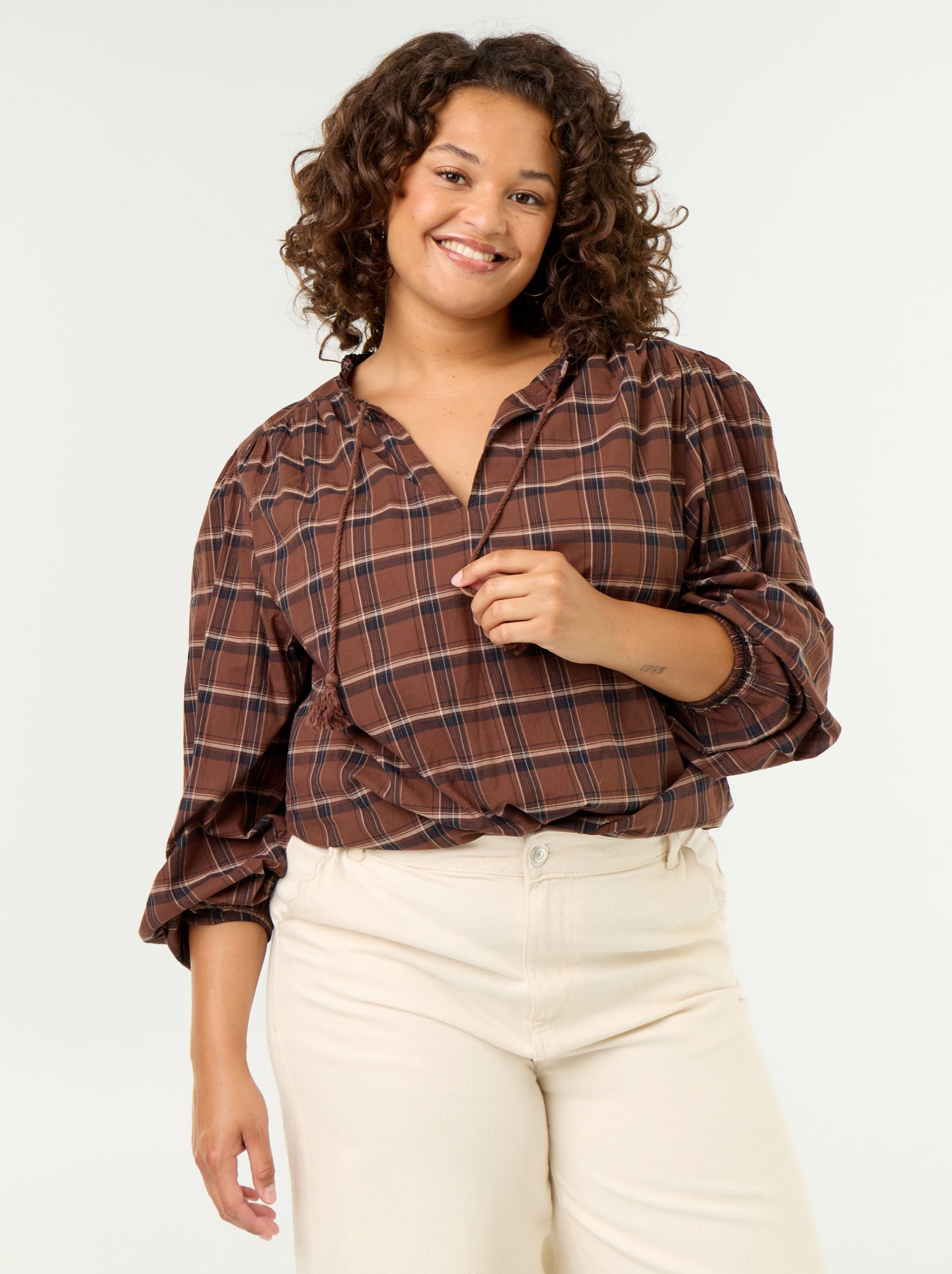 Blouse à carreaux avec encolure nouée - Marron