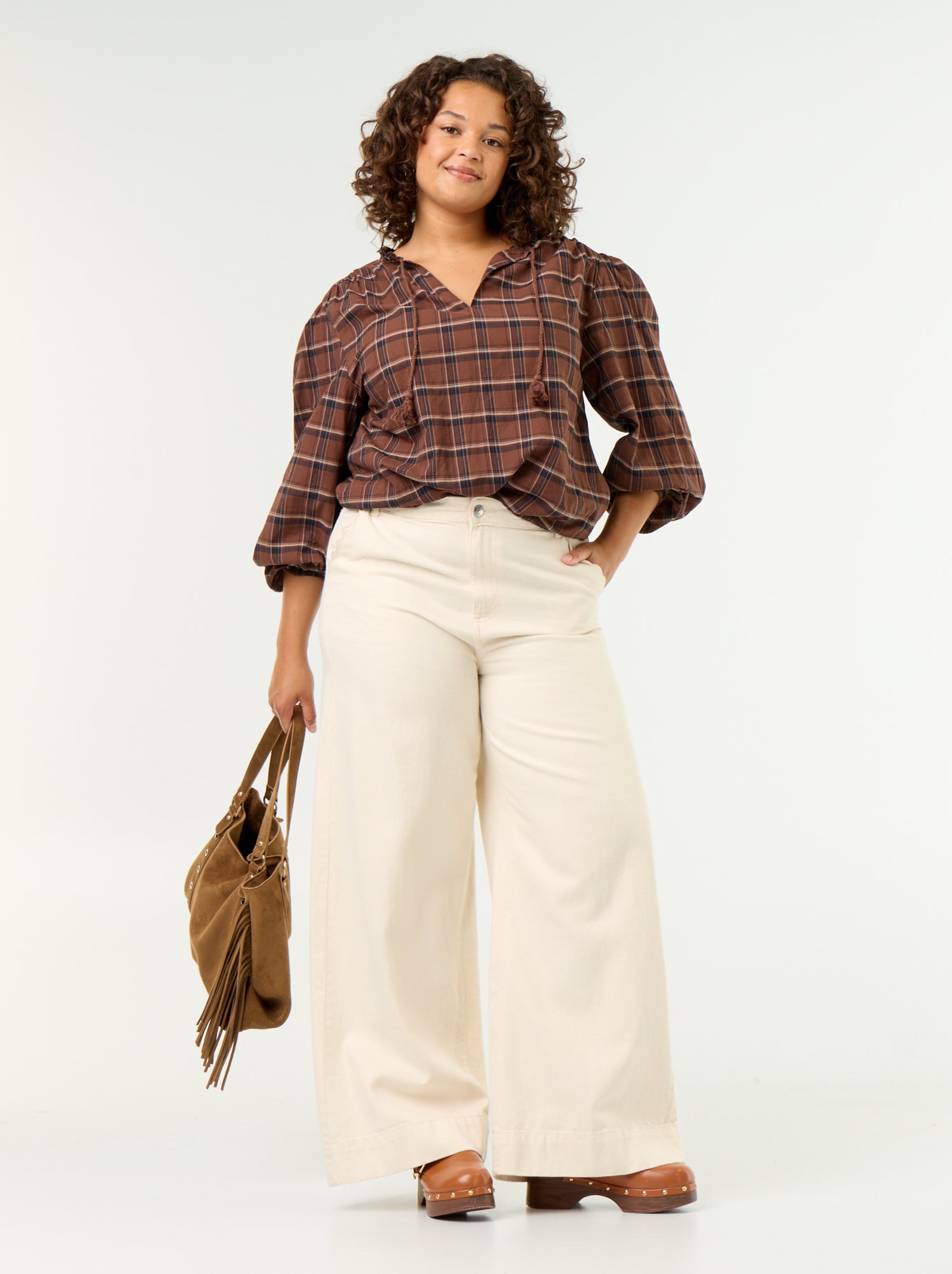 Blouse à carreaux avec encolure nouée - Marron