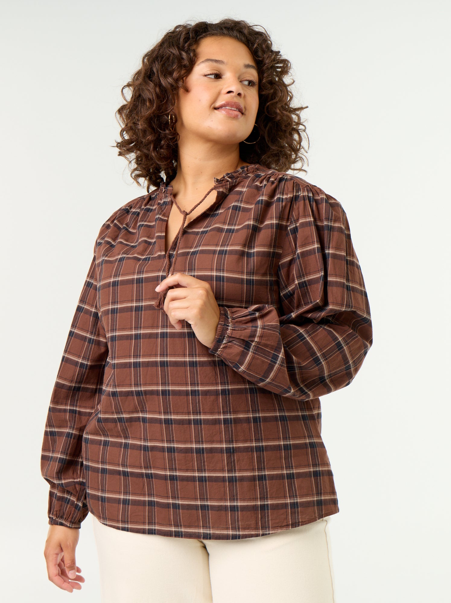 Blouse à carreaux avec encolure nouée - Marron