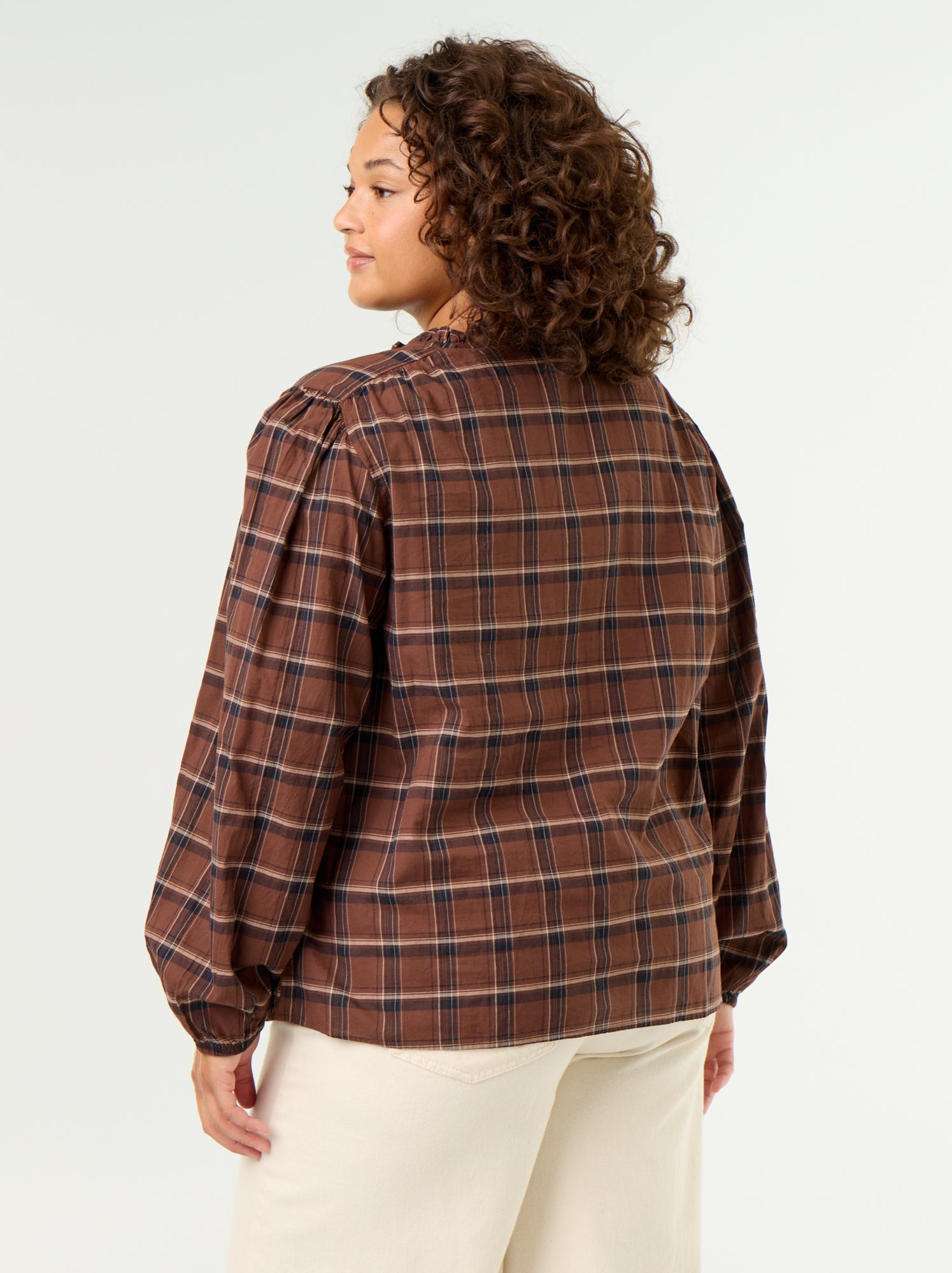 Blouse à carreaux avec encolure nouée - Marron
