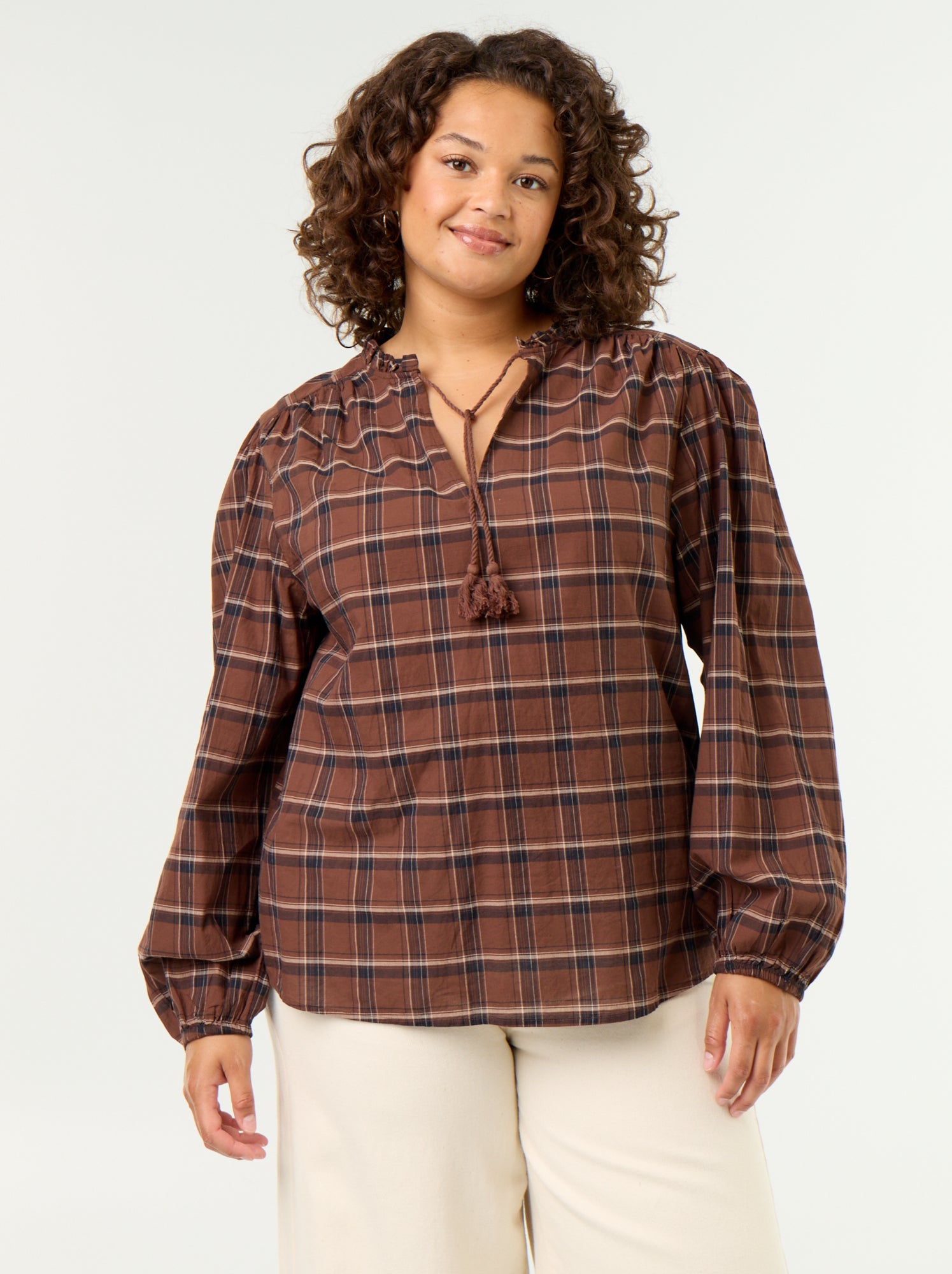 Blouse à carreaux avec encolure nouée - Marron