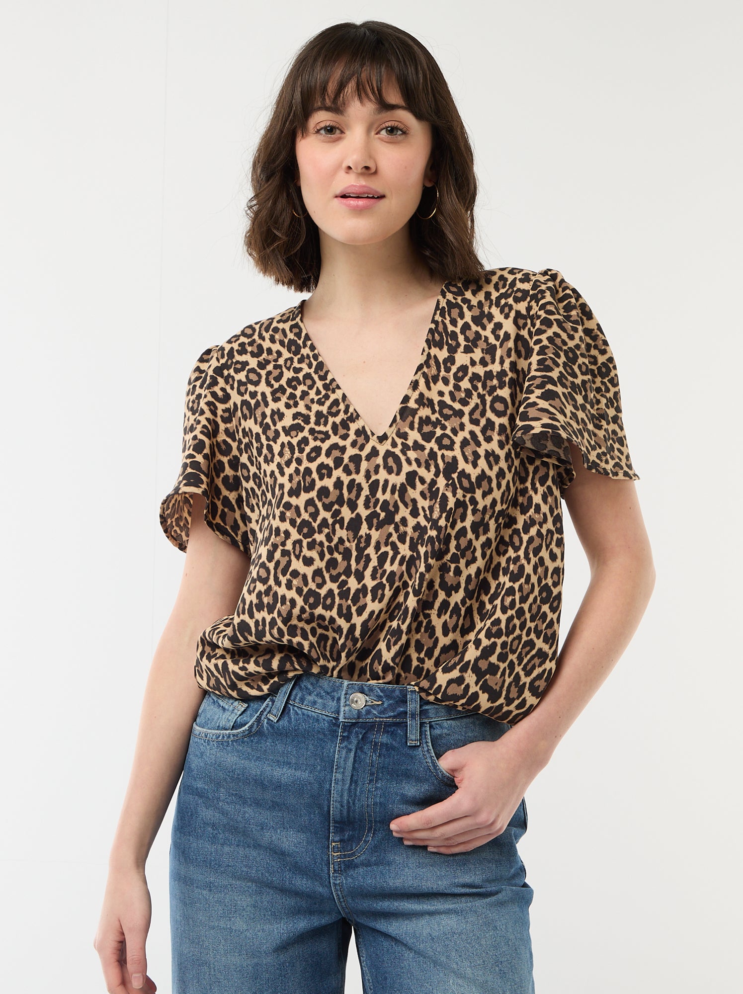 Blouse à manches courtes et col V - Beige
